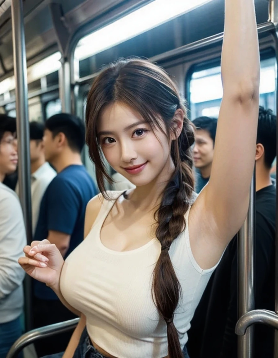 (best quality、8K、32k、masterpiece、Hum:1.2)、Cute Japanese women photos、Breasts look soft、No、plump breasts、((Brown short))、Face focus、White T-shirt、??、?above、looking at the audience、((I smiled))、???Shadow、Money?girl、???Bright??、shine, flow?、((in a crowded train)),long hair,蓬勃後long hair,braid,細braid,