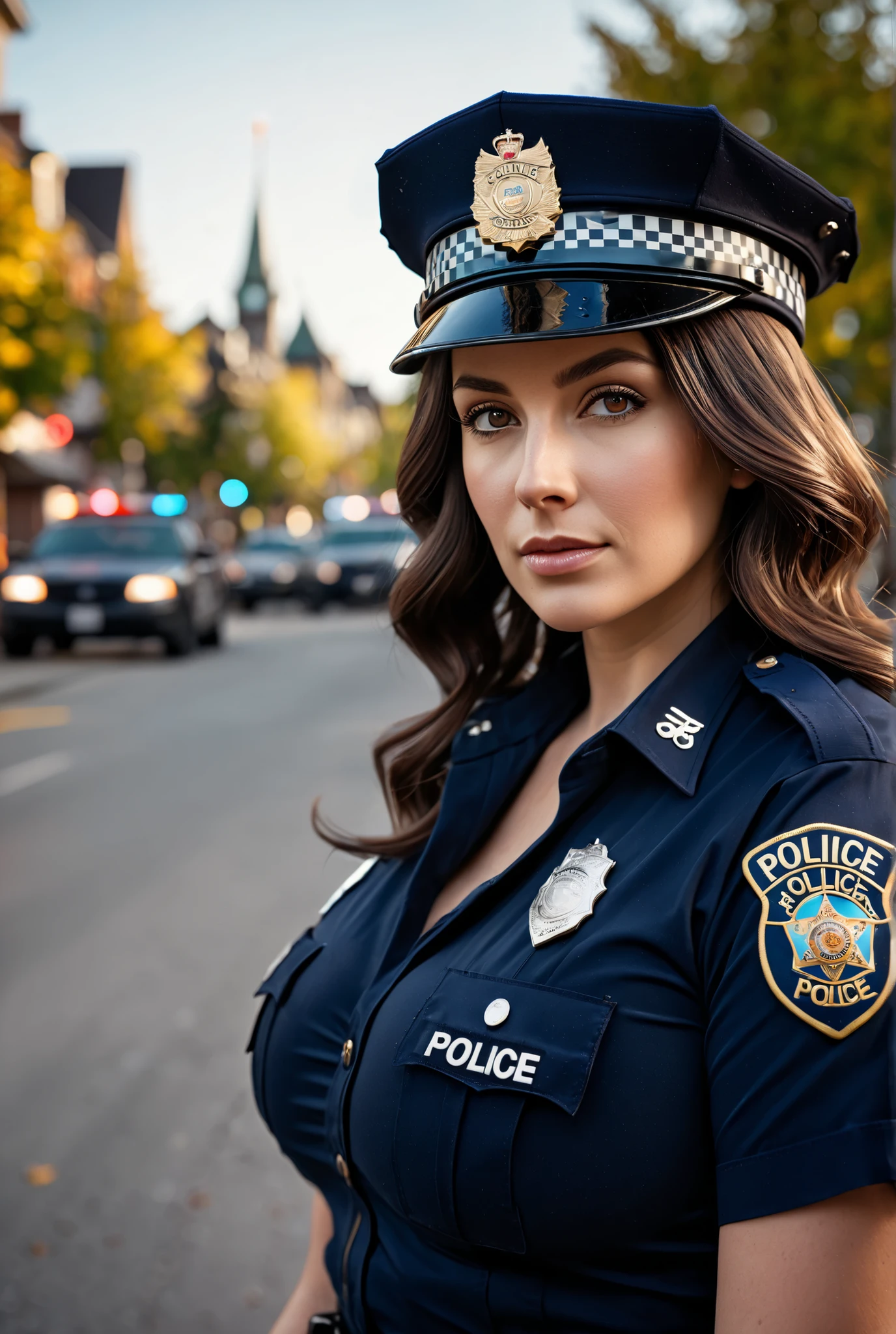 Missy Peregrym as officer Andy McNally in ABC's prime-time 2010 cop show Rookie Blue), slim hourglass body, Masterpiece, a cute 24 years old thick American woman in a tight police uniform standing near a city fountain in Central Park, New York. Portrait of a female cop, brown hair in a ponytail, Hazel eyes, medium breasts, absolutely outstanding image, policewoman, wearing a policewoman's uniform, female cop, cop, ultra realistic photo, black police pants, badge, policewoman's hat, policewoman costume, trainee cop, looking at viewer, smiling, beckoning to viewer, alluring, bright sunshine, sunny day, Central Park in the Background, 16K, ultra high res.photorealistic, UHD, DSLR, RAW, natural light, depth of field