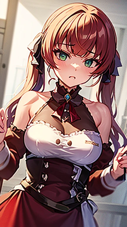 (small breasts:1.2), (perky chest:1.2), (pointed chest:1.2), (Pudding cake magazine cover:1.3),(from below:1.0),(shoot from the side:1.1),masterpiece, 1girl, Amazing Cleavage:1.1, thin waist, optimum,tmasterpiece,hight resolution,best qualtiy,hyper HD,super detailing,awardwinning,a 18yo cute girl,(The upper part of the body),anatomy correct,Beautiful Black miniskirt,garters,Gaze,Small face,bangss,holster,Beautuful Women,hands up,leg holster,Gaze,black boots,Cowboy Shot,cute face,a blond,Longhaire,Twin-tailed,Braids, Hairline,（scarlet eyes）,long eyelasher,Hanging eye corners,White skin of the, ((see through camisole:1.1)), ((Sheer nipples:1.0)),Rocket Tits,(Slim body),smile,seductive weak smiling,(with sparkling eyes and a contagious smile),little open mouth, Looking at Viewer,
