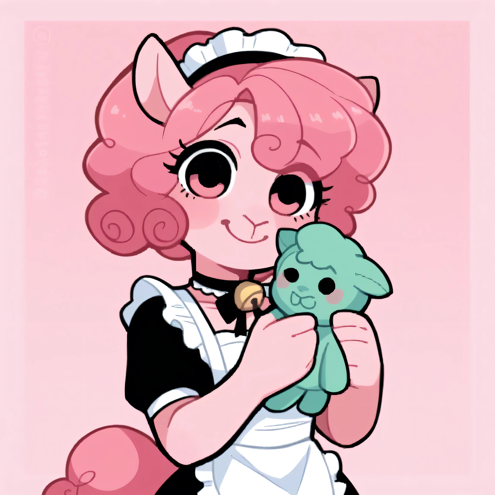 better quality, very detailed illustration ( Anthropomorphic furry sheep:1,7) , femboy, ruffled voluminous bouncy hair , delgado, ideal body, simple drawing, Artifyber style , pastel flat colors , beautiful, cartoon ,solo,baker, short curly pink hair, maid clothes, frilly apron, a smile, fluffy curly tail, sheep ears, bell collar, ram horns, cute, holding plushie, shoulder up