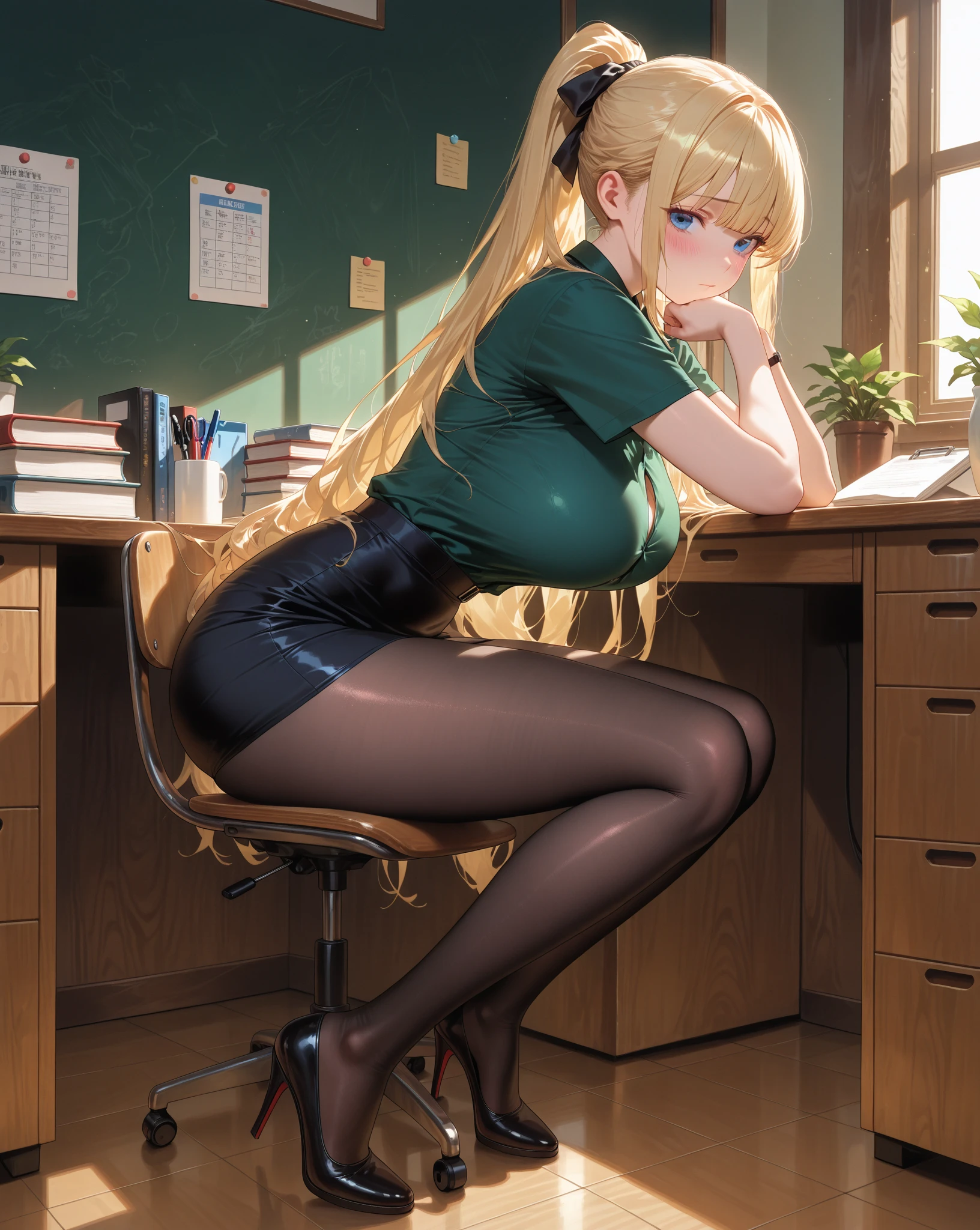 Girl, Smile, Red lips, Big nose, Big tits, Long hair, Yellow hair color, Glasses, Sexy body, Sexy pose, Sit down position, Office Lady,White office clothes color, Black tie color, Short black office dress, Black stocking color, Black high heeled office shoe color, Beautiful girl, Being in the room, Realistic