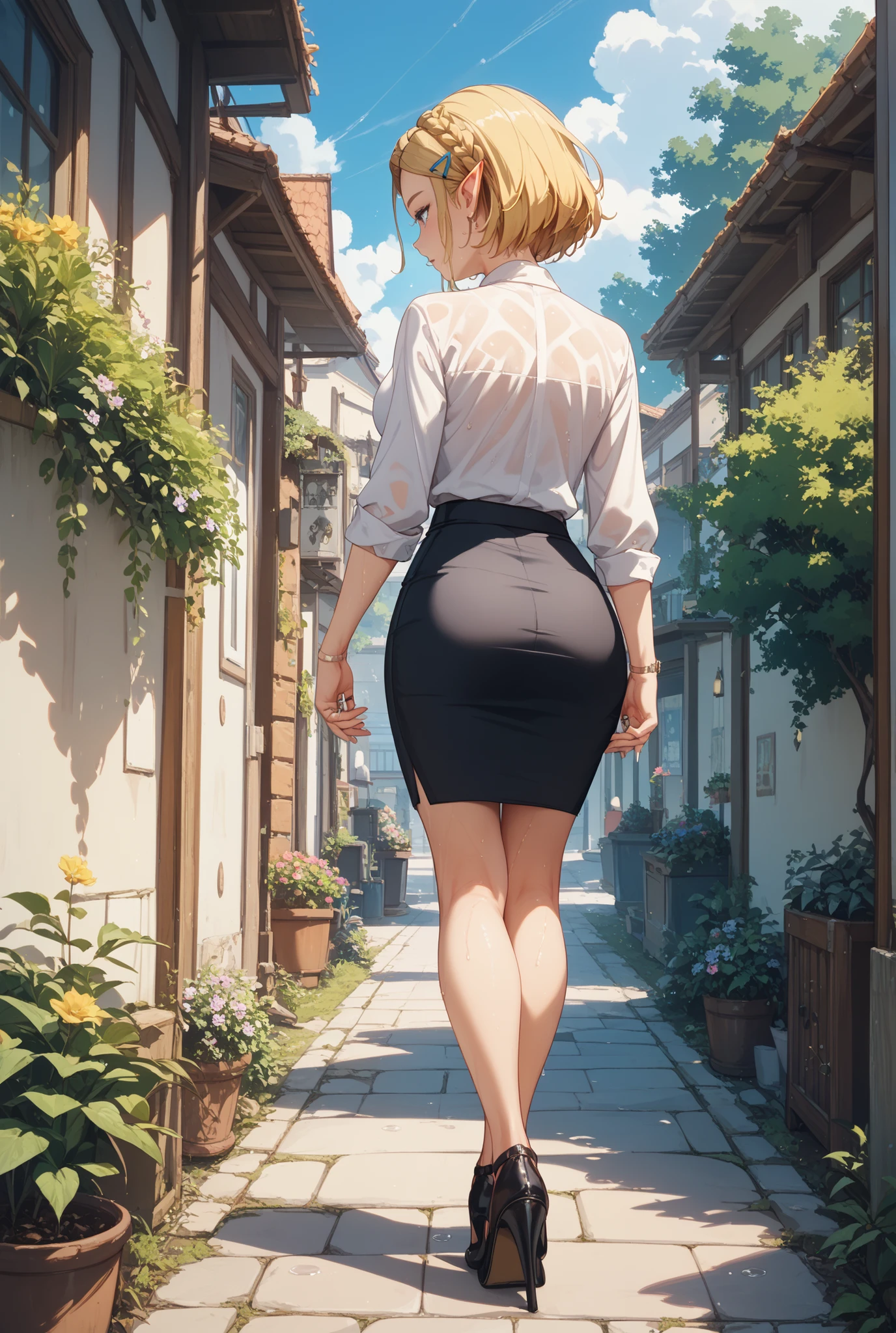 masterpiece, best quality, extremely detail 8k cg, high resolution, 1girl, pakura, green hair, orange eyes, choker, outfit-gls, sweater, high-waist skirt, high heels, perfect ass, huge breasts, outdoors, garden, standing, beautiful face, wide shot photo, full body, from behind