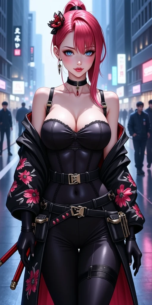 sarada anime + Pamela Anderson spiky mohawk hair with gel short dress sexy V cuts neckline walking down a street the dark night gloomy low lighting scared style photo realism, fully detailed drawing in black and black and only the green eyes 