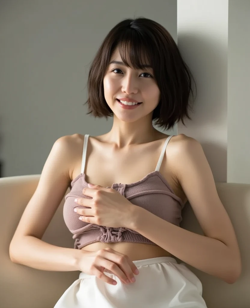 , ((Best Quality)), ((8K)), ((Masterpiece: 1.3)), (Perfect Appearance), (Photorealism: 1.6), (A woman in a camisole stands by the bed), Bedroom, night, luxurious furniture, Japanese woman, 47 years old, (realistic skin texture)), (overall skin fine lines: 1.3), (skin dullness: 1.1), (skin without moisture): 1.2 ), (skin wrinkles) Face: 0.9), (crow's feet: 1.2), double eyelids, tear sacs on lower eyelids, (crying mole: 0.9), eyes facing towards you, serious expression, ( Dimples: 1.2), medium long hairstyle, gentle smile, eyes looking towards you, short hairstyle, silk camisole, lace camisole, (whole body: 1.4), low angle,