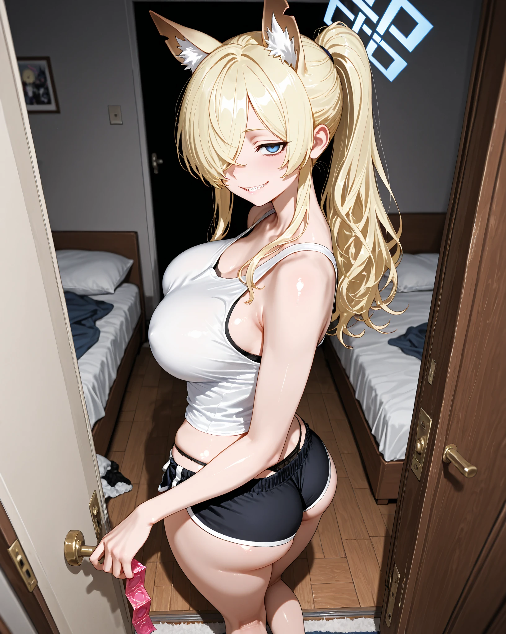 1girl, (Blue Eyes), (smiling :1.2), (Sana Minatozaki), (black makeup), (wide hips), (Big tits), (big ass), round ass, (Best Quality, 8k, Masterpiece: 1.3), Clear Focus: 1.2, Perfect Body Beauty: 1.4, strong abs, Highly detailed face and skin texture, (detailed eyes :1.2), double eyelids, (blonde long straight hair :1.2), (black t-shirt :1.2), (black thong :1.3), standing, look back, grabbing own ass, view from back :1.2, in a living room at night, windows whit city at night in the background