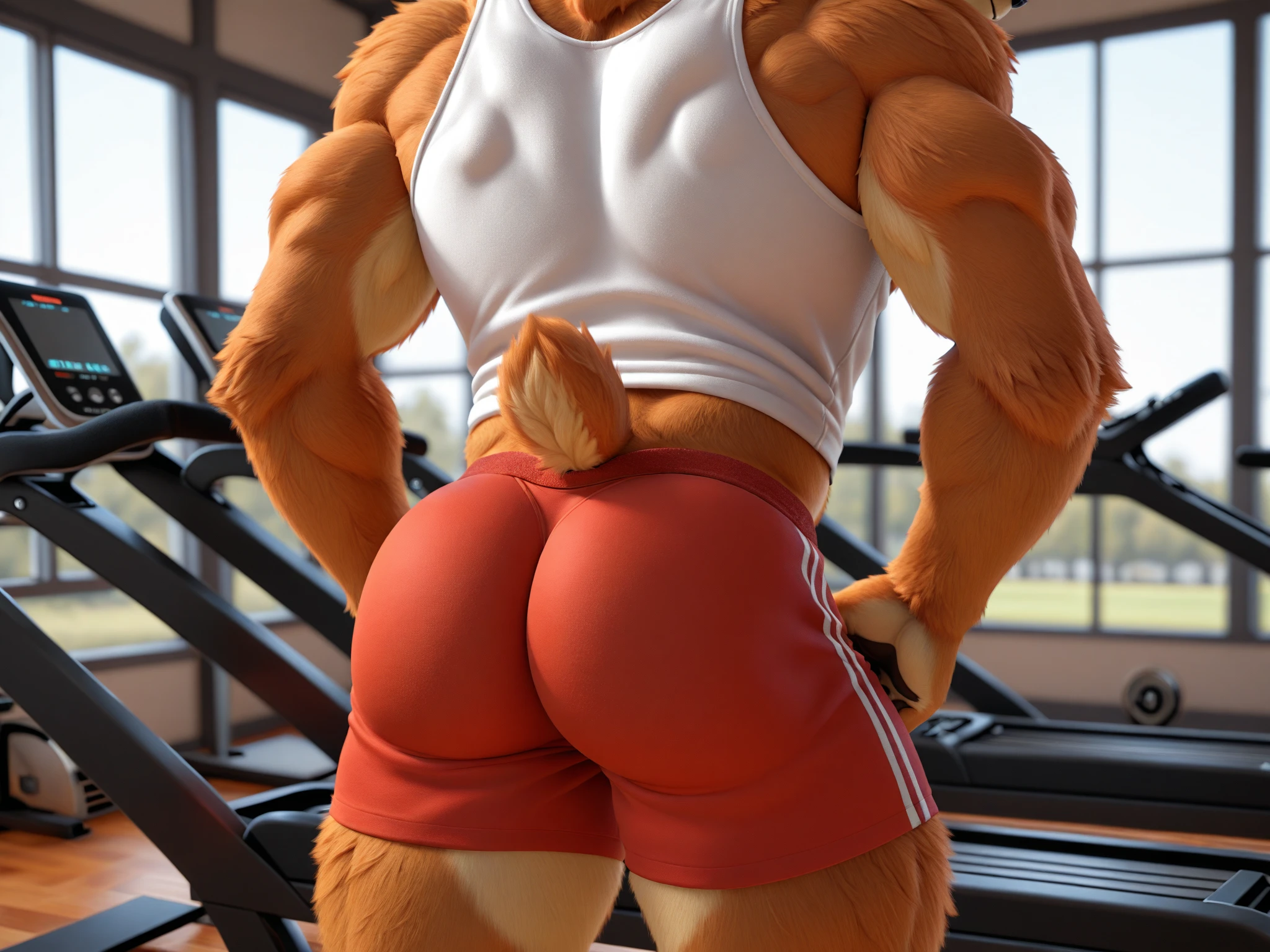 vision from behind with a close vision of his butt from a single hyena with a bubblegum pink mane wearing a neon green tanktop and a yellow shorts bent over with his brown tail lifted with a visible markings of his round balls and his hard dick inside his shorts in a gym