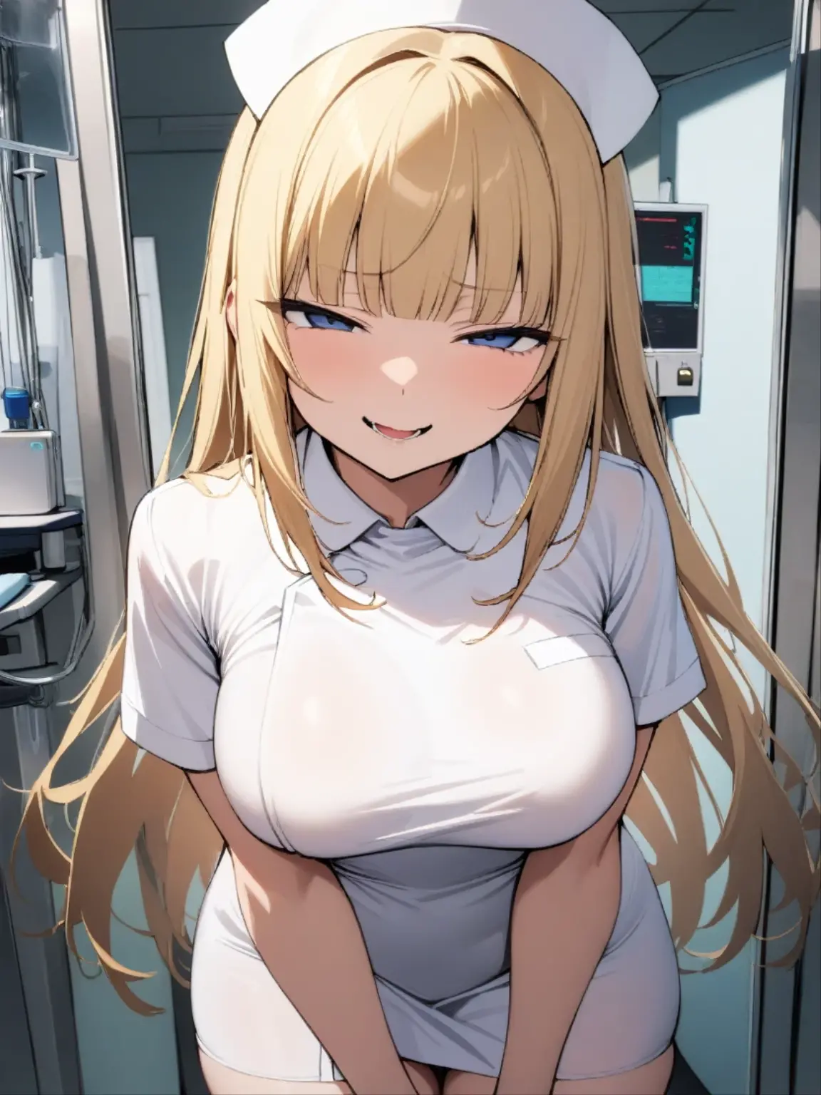 1girl, solo, hime cut, blunt bangs, long hair, smirk, (half-closed eyes,) looking at viewer, open mouth, large breasts, blonde hair, blue eyes, cowboy shot, operating room, (((White))) nurse uniform smooth, nurse, nurse hat, masterpiece, best quality,