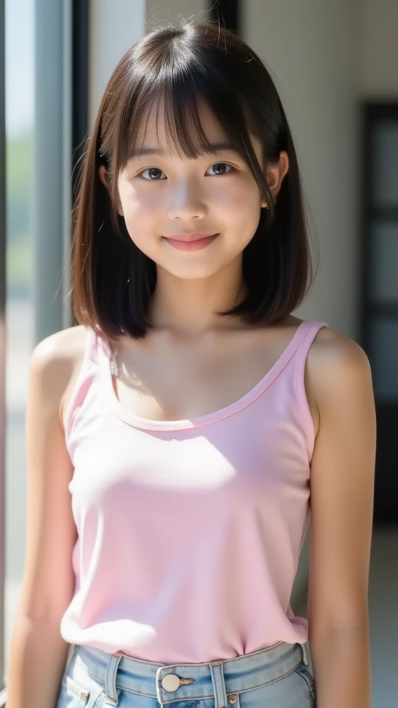 masterpiece, Highest quality, 8K, Young and beautiful girl, Baby Face、Big in clothes 、((Small breasts:1.5)), photo shoot, Cute face, Thighs, Classroom after school, Embarrassing、smile、No makeup, 10 generations, Detailed face, Background blur、((((((10 years old))))))、Tight waist、Tank top、Dolphin Shorts, Knee socks, On all fours,Wet,See through