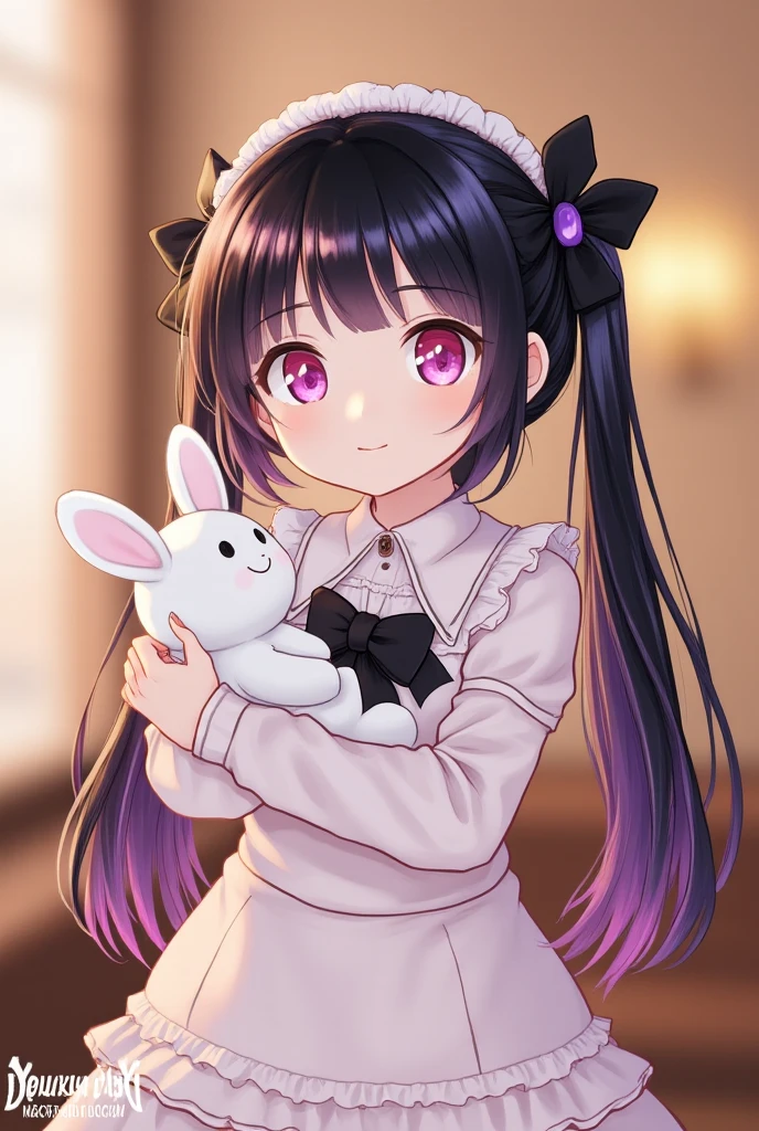 a women, pink  ears, black hair, pink eyes, pink dress