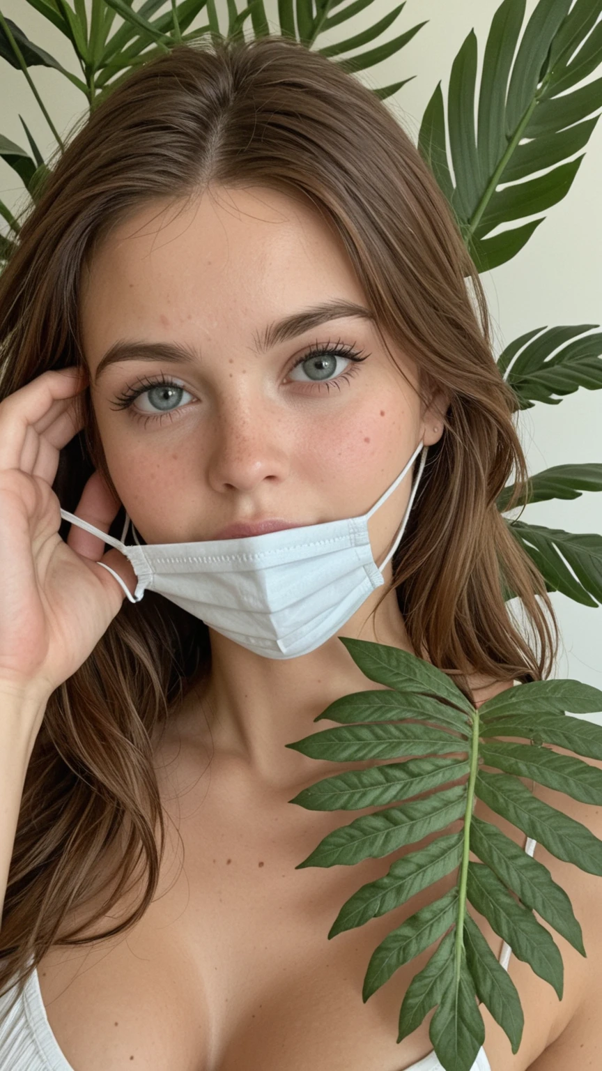 <lora:Bryony:.7>, simple background, upper body, at front, portrait, <lora:GoodHands-vanilla:0.8> better_oppai, Carolina Blue blouse, shirt, long hair,
The face is partially covered by a surgical mask, with the top edge resting just below the eyes and the bottom edge extending to cover the chin. The mask has a metal nose clip for a secure fit and elastic ear loops that are gentle on the skin. The mask's material is breathable and hypoallergenic, suitable for sensitive skin.