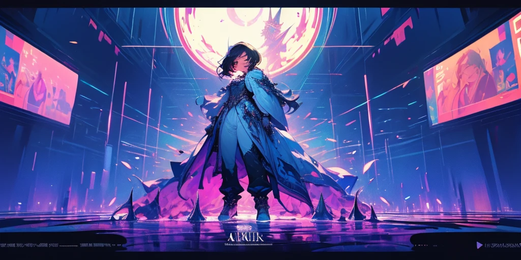 1girl, hippie, mosaic blocks background, fullbody, undercut hairstyle, mohawk, rainbow hair, green eyes, volcanic_ash, crystalline_cave, arcane_obelisk, electric_flare, verdant_valley
