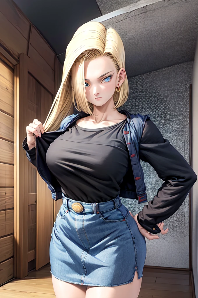 mulher baseada no personagem android 18, posando sozinha corpo todo, vestindo saia curta top e jaqueta jeans, cabelo loiro, olhos azuis, lean chest, peitos grandes redondos empinados, cintura fina, quadril largo, bunda grande e redonda, coxas bem grossas.
