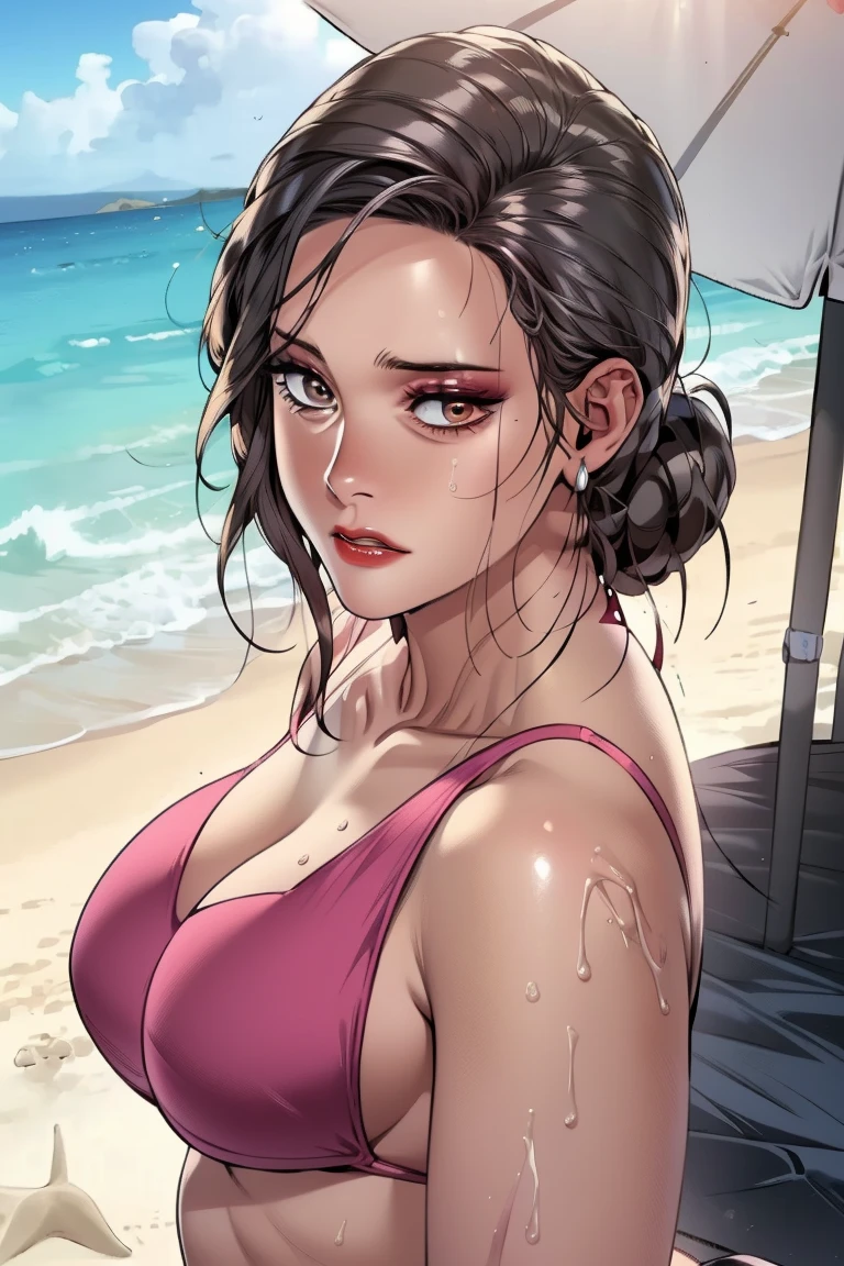 Beautiful older sister wearing sexy pink lace erotic panties on the beach,She wears a beautiful flower on her head,There are a little drops of water on the body,Hang beautiful jewelry around your neck,The image of the beauty is a type of ancient Chinese Jiangnan style