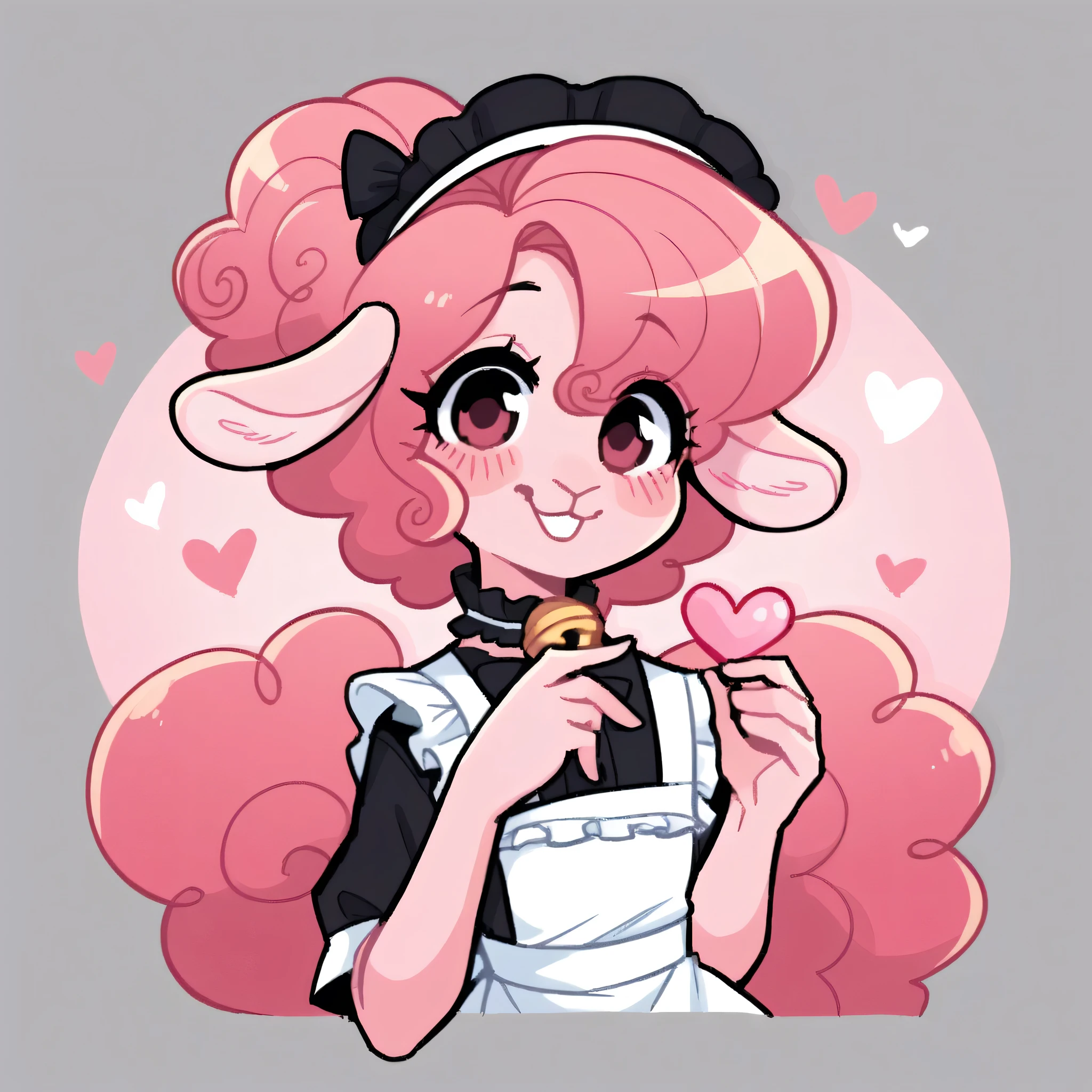 better quality, very detailed illustration ( Anthropomorphic furry sheep:1,7) , femboy, ruffled voluminous bouncy hair , delgado, ideal body, simple drawing, Artifyber style , pastel flat colors , beautiful, cartoon ,solo,baker, short curly pink hair, maid clothes, frilly apron, a smile, fluffy curly tail, sheep ears, bell collar, ram horns, blushing, in love, holding a heart