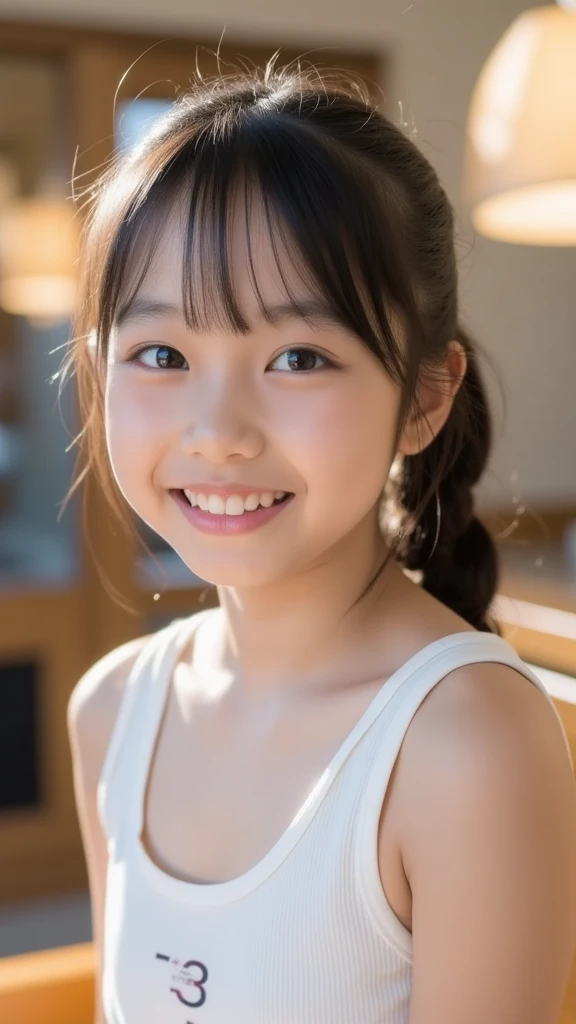 Lens 135mm f1.8, (highest quality),(RAW photo), , (Beautiful 16 year old Japanese girl), cute face, (deeply carved face:0.7), (freckles:0.6), ,dramatic , (japanese school (croptop) bright red tanktop), (inside the school), shy, low twintails, , (smile),, (sparkling eyes)、