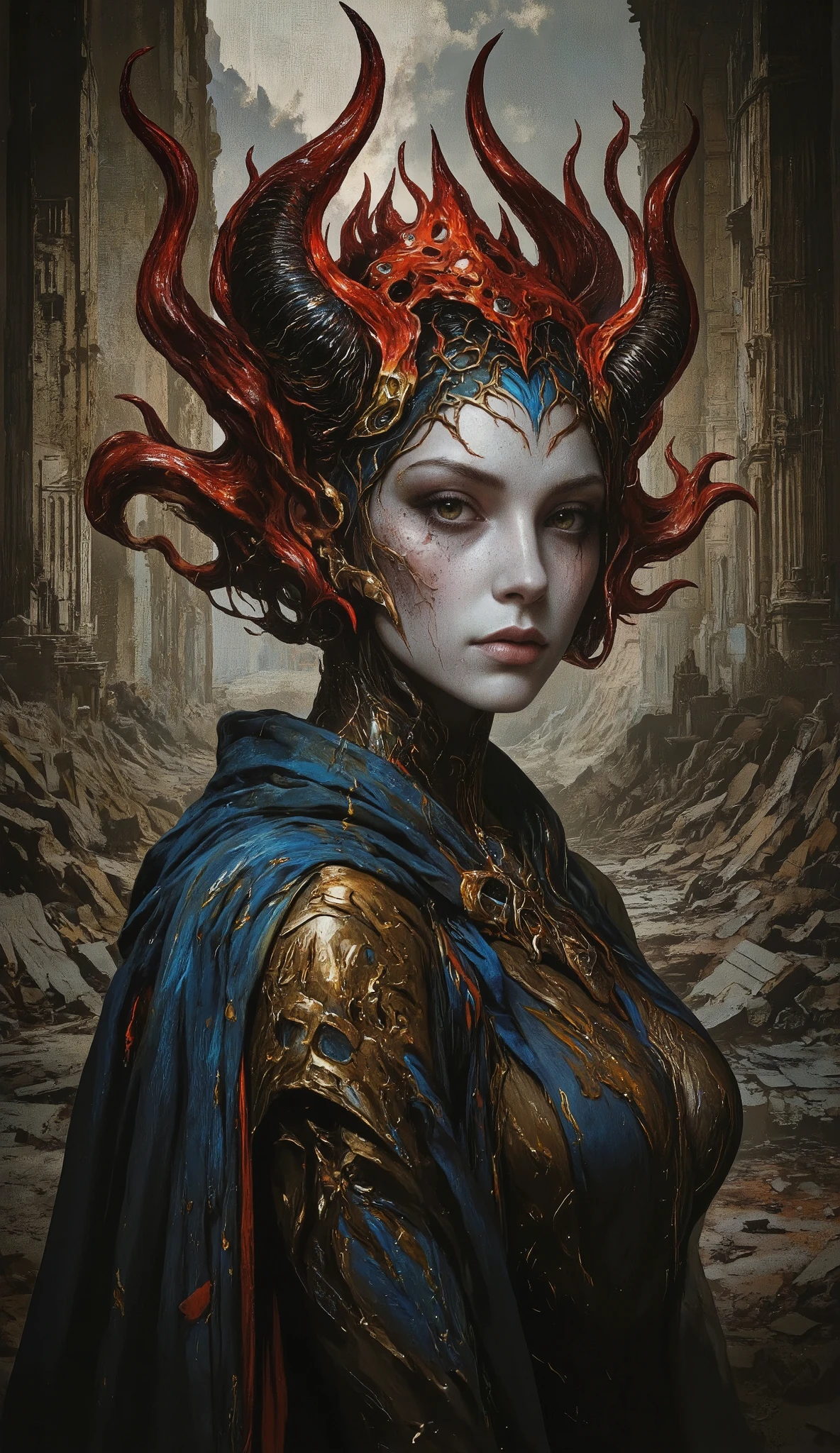 color contrast, hyperrealistic poses, cinematographic photography , detailed, best quality , High resolution , intricate details, vivid colors , detailed Style Photography Hyperrealism oil painting portrait of a creepy yet beautiful mystical female creature , ((( beautiful mystical female creature ))) perfection of style , vivid colors , colorful, background is s sprawling ruin of an ancient capital, aidmaMJ6.1, FNTSypstlce estilo , Nova arte digital fantasycore,
