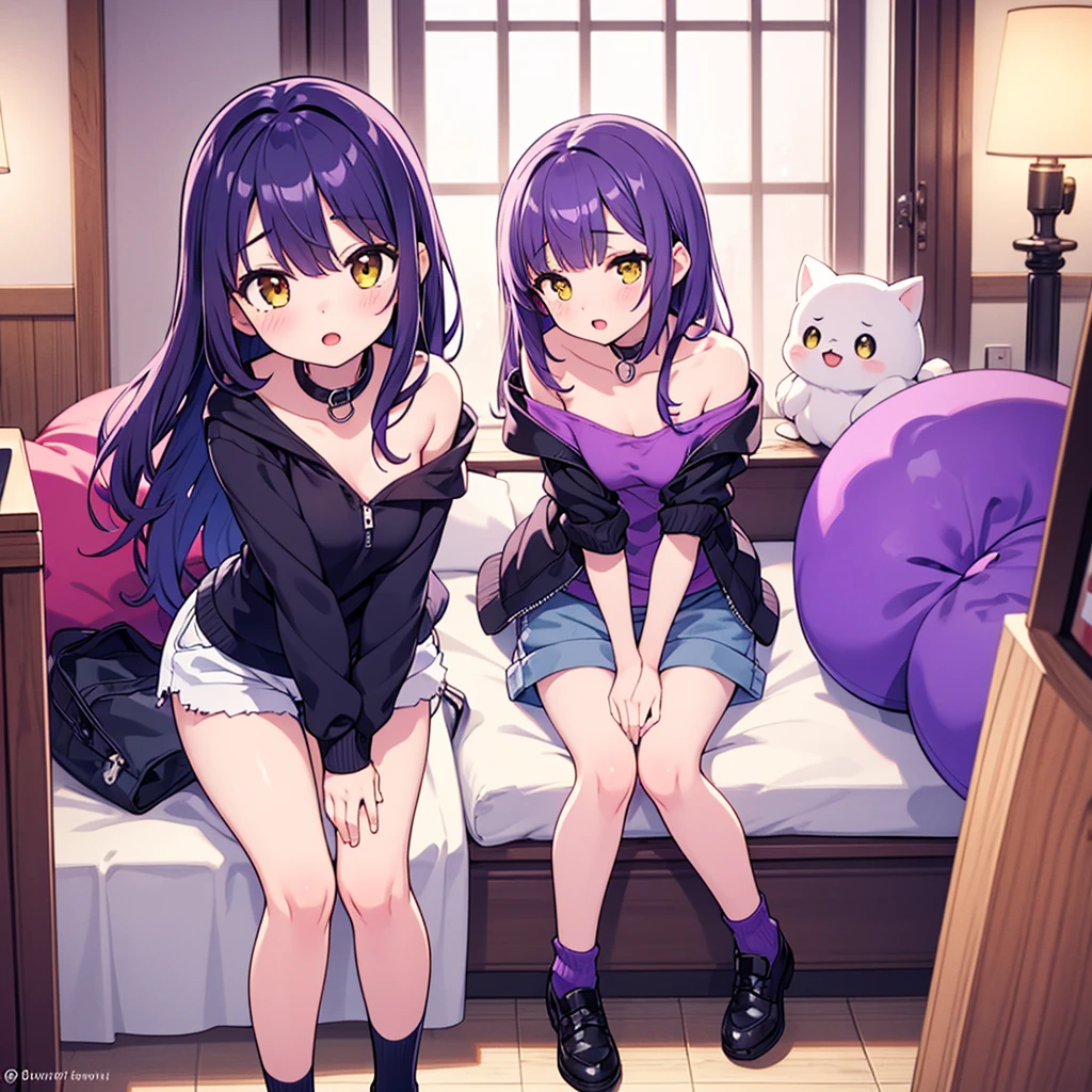 Two anime girls, one with black hair, one with purple hair, sitting on a couch, watching TV in a dimly lit room.