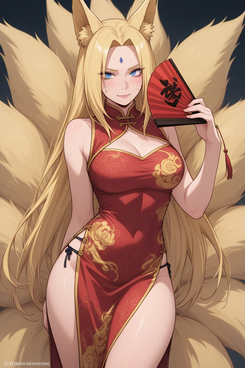 1 girl, long golden hair, fox ears, only fox ears, crimson eyes, detailed deep eyes, very detailed face, blushing, huge breasts, sexy and seductive, wearing red and white ?????? kimono, tall, long flufy nine fox tails, thicc thighs, wide hips, smile, ?????, absurdes, high res, ultra sharp, 8k, masterpiece, looking at viewer