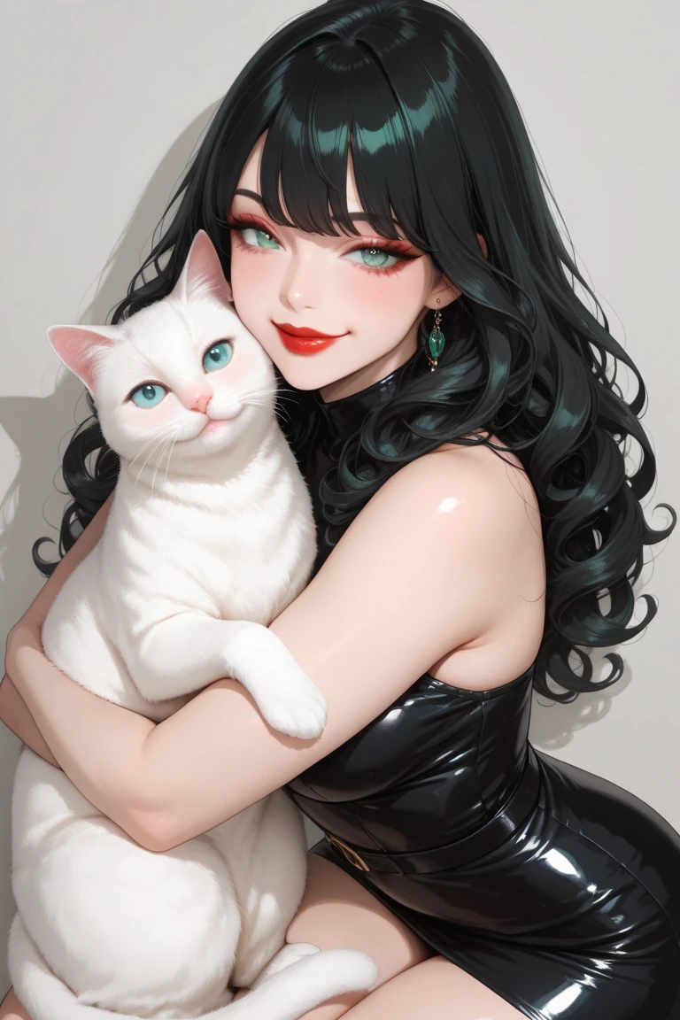 Morticia from the addams family holds a hello kitty with her hands 