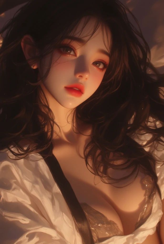 Sexy woman, blushing hard, red makeup, hands pinned to the side, lying in bed, pinned, playful turned sexy, mouth parted, eyes looking at lips, very sexy and hot