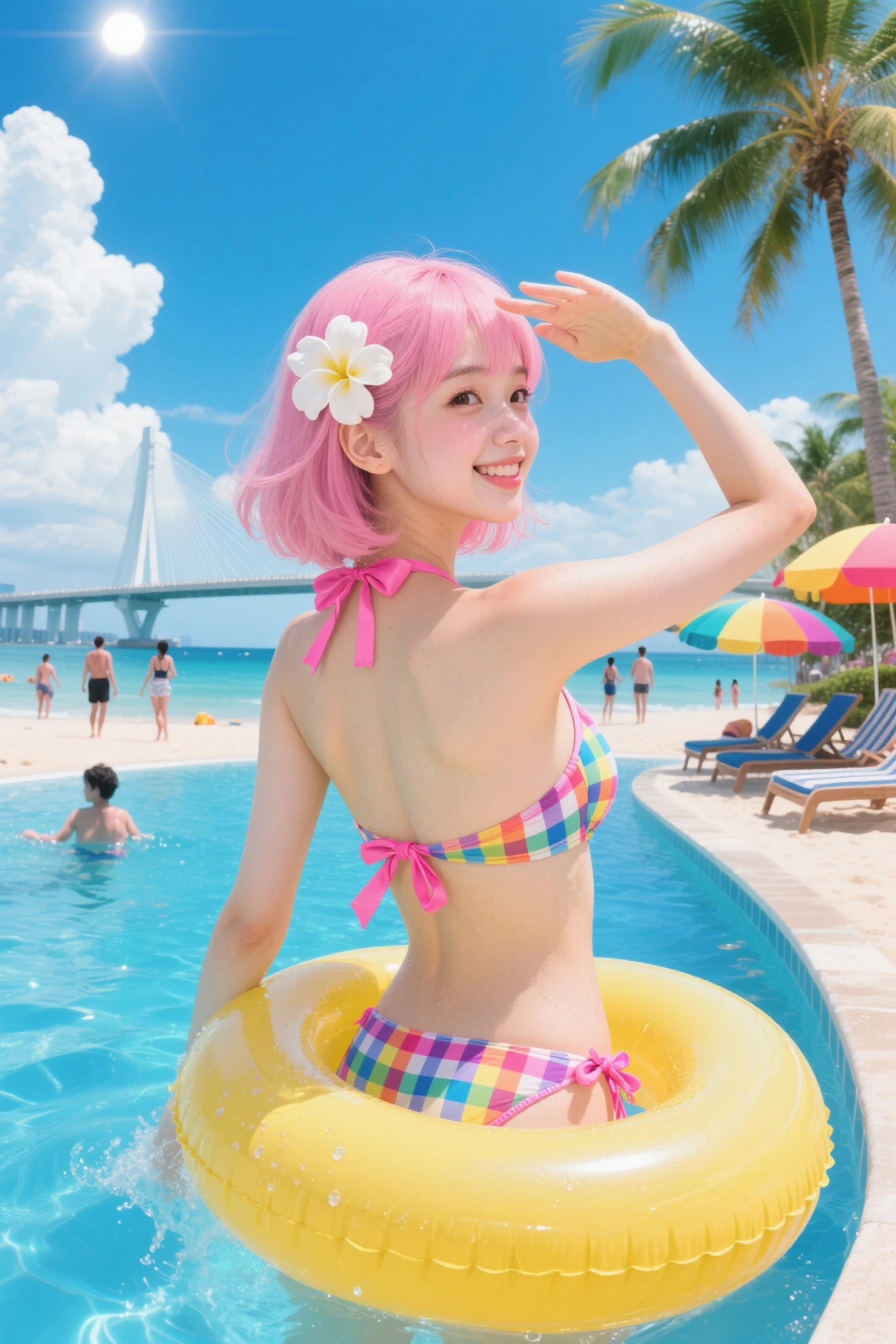 fullnude,20 years girl,masutepiece , Best Quality,Nahida(GenshinImpact) ,Two girls, very slender body,tiny chest,Skinny Legs,Long hair ,Side Ponytail, Hair Ornament ,Street, White hair , Green hair , hand behind head:1.5,multicolored hair, elf ,Sea Swim,Skinny Legs,smil,Tsundere,dance,fullnude,Party venue on the deck of a passenger ship at sea,