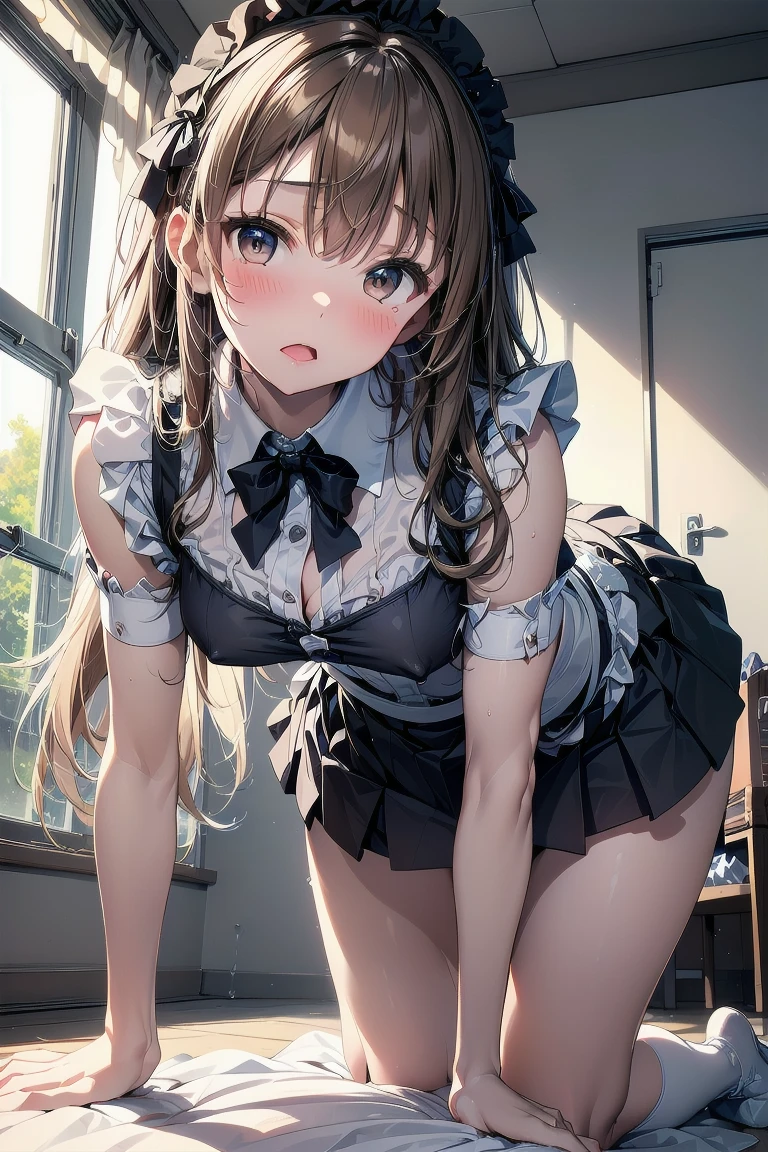 NSFW、One Girl、Cat ears headband、Cat tail、Enamel maid outfit、Short skirt、Thigh-high socks with horizontal stripes、Enamel striped pants、Highest quality、8K、Beautiful Face、Mischievous smile、Lift your skirt to show your underwear、Wink、View Viewer、Bright cafe