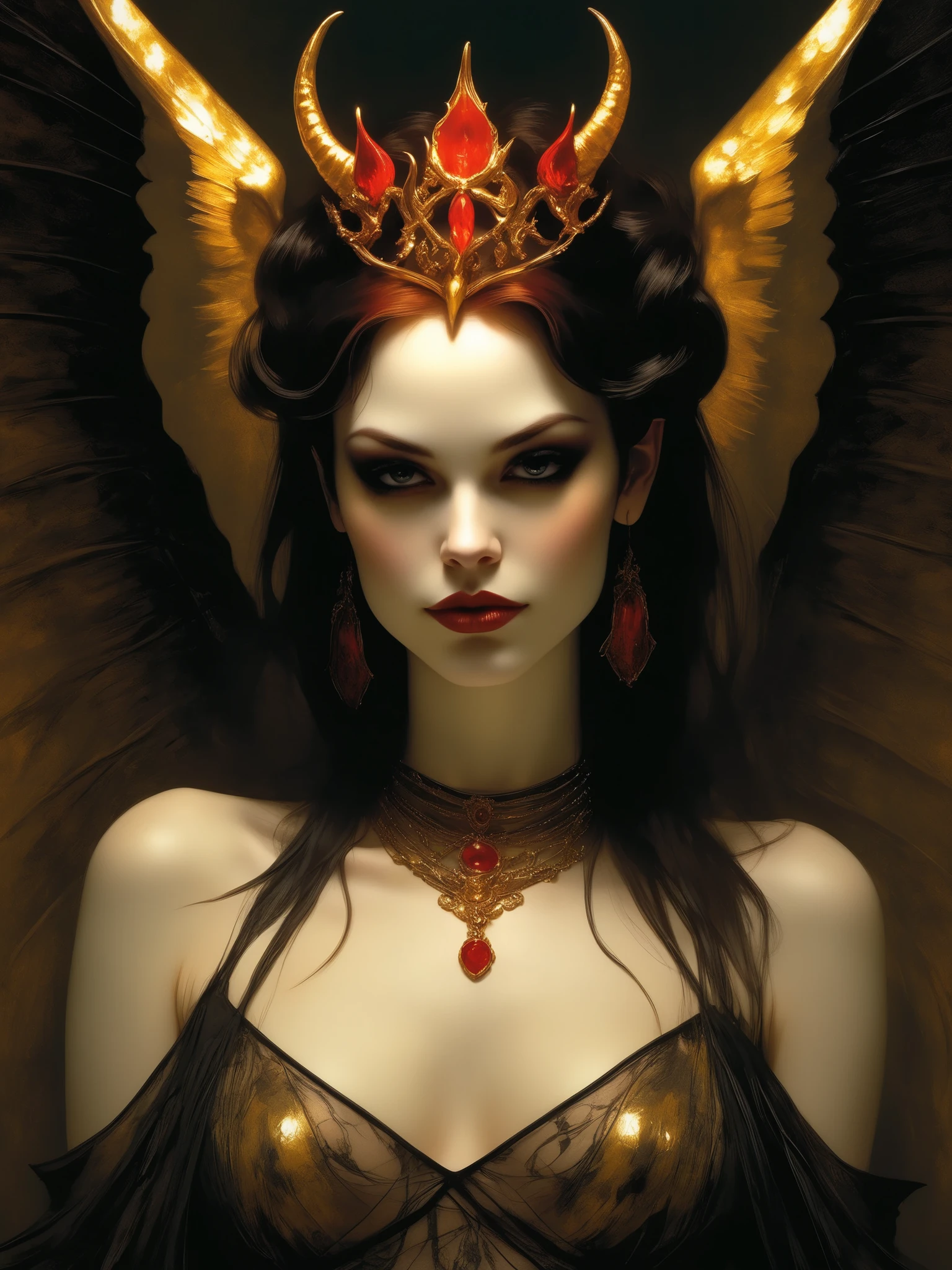 I want to create a tableau dedicated to portraying Lilith smiling with dark humor and a searching look on her highly detailed beautiful and expressive face, wearing a gold chain mesh blouse that shows cleavage, with enveloping elegantly expandive and brightly sinister, beautiful wings fit for a empress of the Damned and dressed in erotic finery showing off her sensual captivating form, queen of demons, first wife of Adam, first succubus. masterpiece. best quality. Aesthetic pose, artistic background abstract, infernal. Full body shot,perfect anatomy, skin as pale as milk, red hair and radiant malevolent eyes,beautiful cinematic impressionistic painting, dark dramatic character, tattoos of demonic script all over body, sinister beauty, halter top, shapely tall figure, curvy lush body, appearing as a nubile deceivingly innocent 20 year old demon queen dark circles under eyes, surrounded by white flames that protect her,vein the style of jeremy mann and charles dana gibson, mark demsteader, paul hedleyw NEGATIVE_HANDS