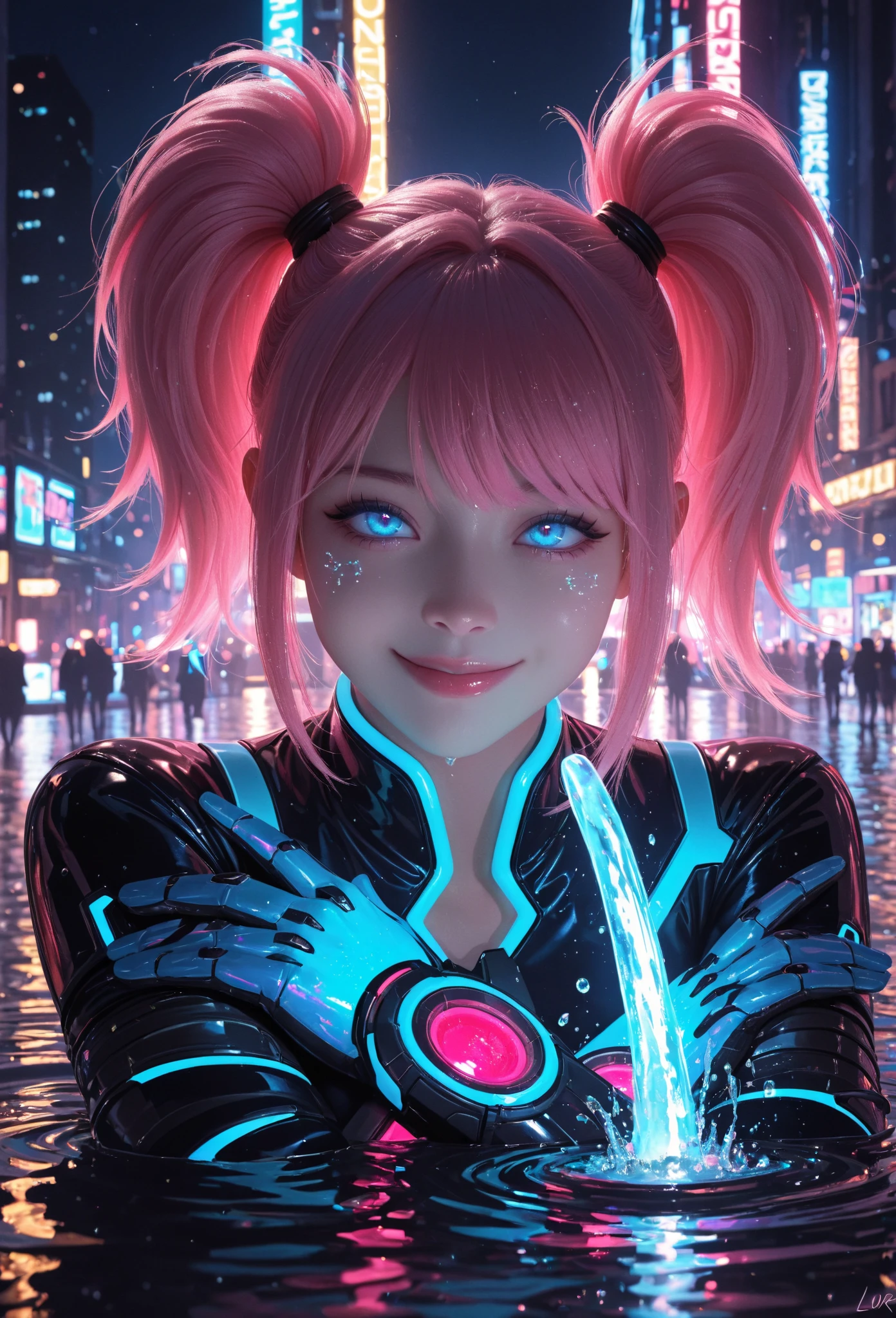 (masterpiece, 4k ,ultra detailed,raw photo:1.2),illustration,
(Beautiful girl. She is very badass, she wears a very luxurious outfit. detailed image, detailed skin, upper body, looking at viewer, twintails cut. Pink hair, blue eyes. White background, ((masterpiece: 1.2)), light particles, light particles in background, Anime style.,,.,,),
(simple background:black and yellow background1.4),
(symmetry:1.2),
(art deco:1.4),
(retro-futuristic:1.4),
(minimalism:1.4),
(clean:1.4),
(flat_color:1.4),
(cyberpunk,android:1.4),
CCDDA Artstyle