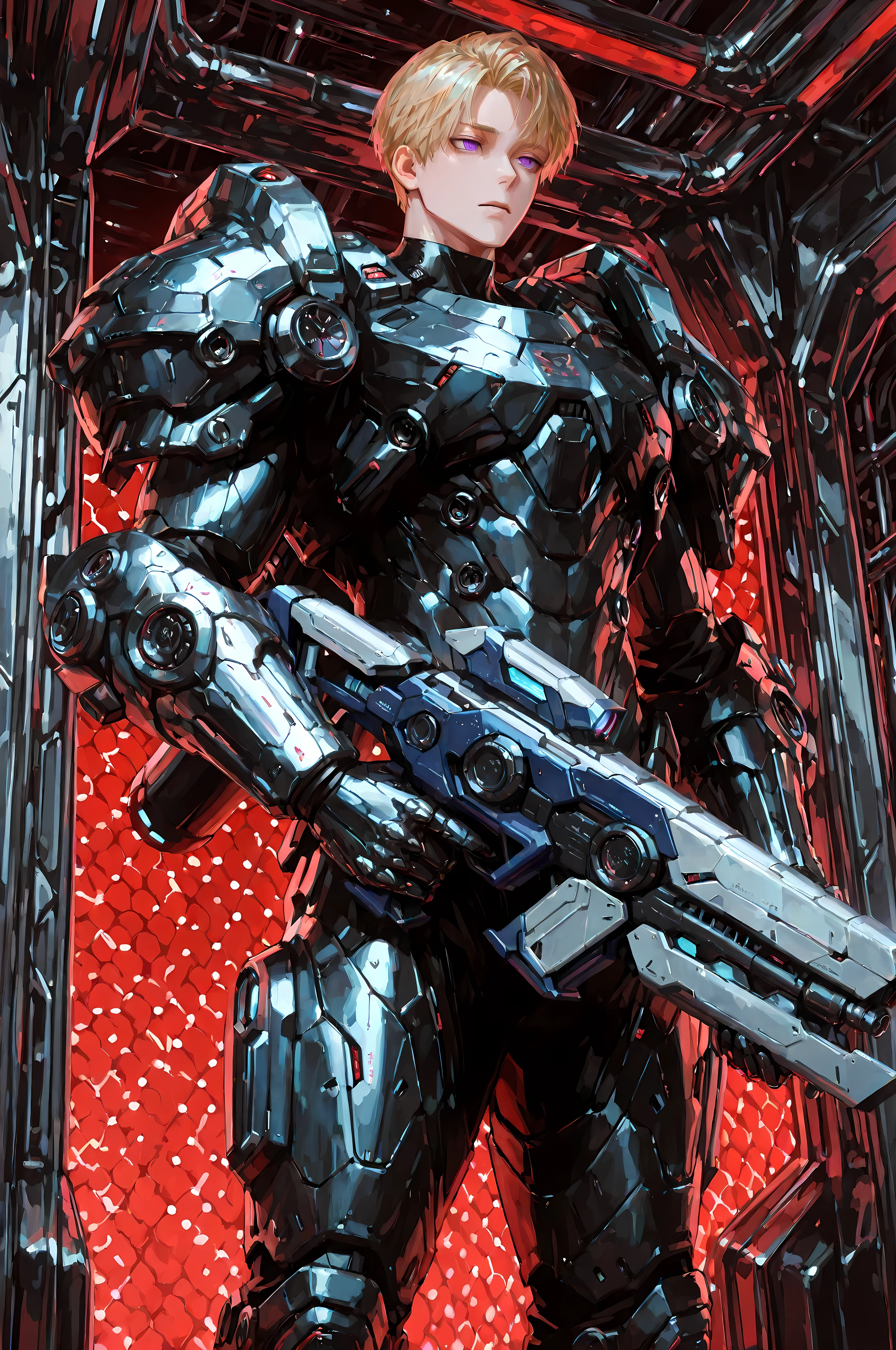 8k, beautiful masterpiece, looking ahead, alone, pale skin, Perfect Eyes shape, Athletic Build, ((He wears: black with red and silver accents = high-tech bulky heavy power body armor; high-tech gauntlets and pauldrons; high-tech jetpack)), (((background is high-tech engine room, is emotionless and somber while holding 1 plasma rifle))), mature man, 1 man, male-centered, muscular man, handsome man, handsome, short hair, blonde hair, Thick painted, purple eyes, Perfect Eyes, masterpiece, top quality, amazing quality, exquisite details, very detailed, semi-realism art, semi-realism art style