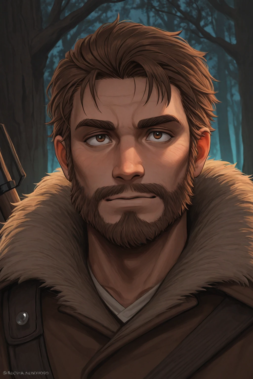 A warrior, an experienced hunter, wearing a fur cape, a scar over his eye. The action takes place in a forest under a dark night sky with sleet., drawing with colored pastel style, large strokes, finalized with ink, fine lines