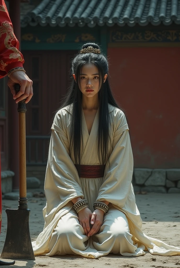 Korean sexy very beautiful woman, cut throat of a boy blindfold, blood splashed