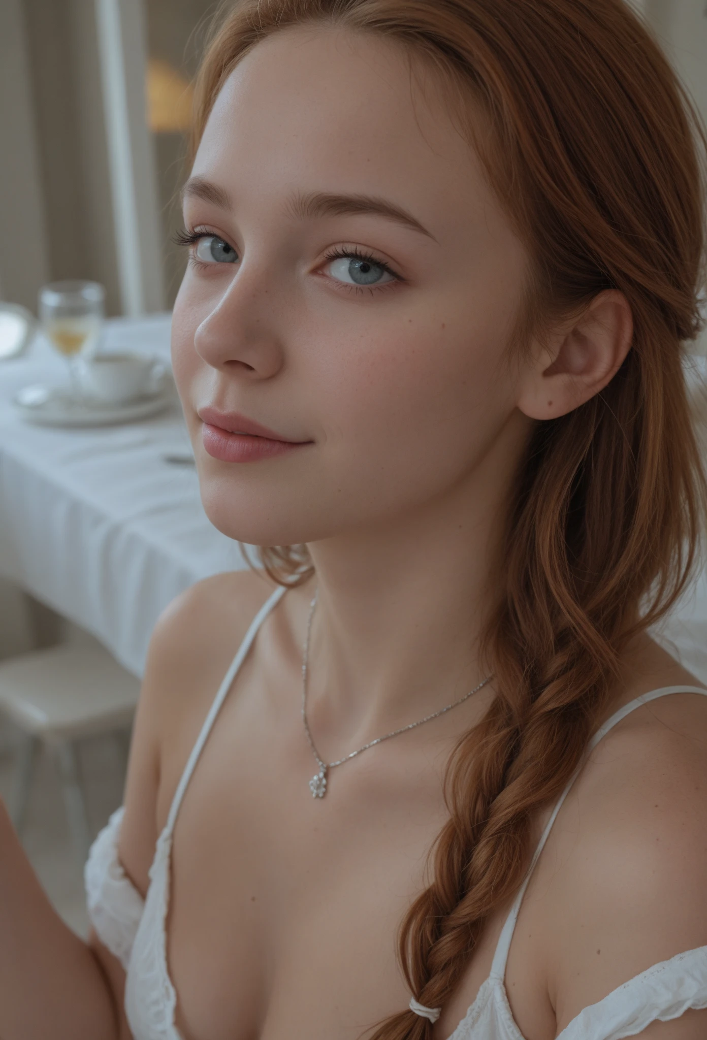Realistic depiction of a 29-year-old woman named Louise with green eyes and long, curly red hair. She has a realistic tattoo of a butterfly on her right shoulder. She is smiling, wearing tight jeans and a white blouse with a neckline, yellow sneakers, and a subtle silver chain with a small cat pendant around her neck. The scene should capture her in a natural, vibrant setting. Close-up view.