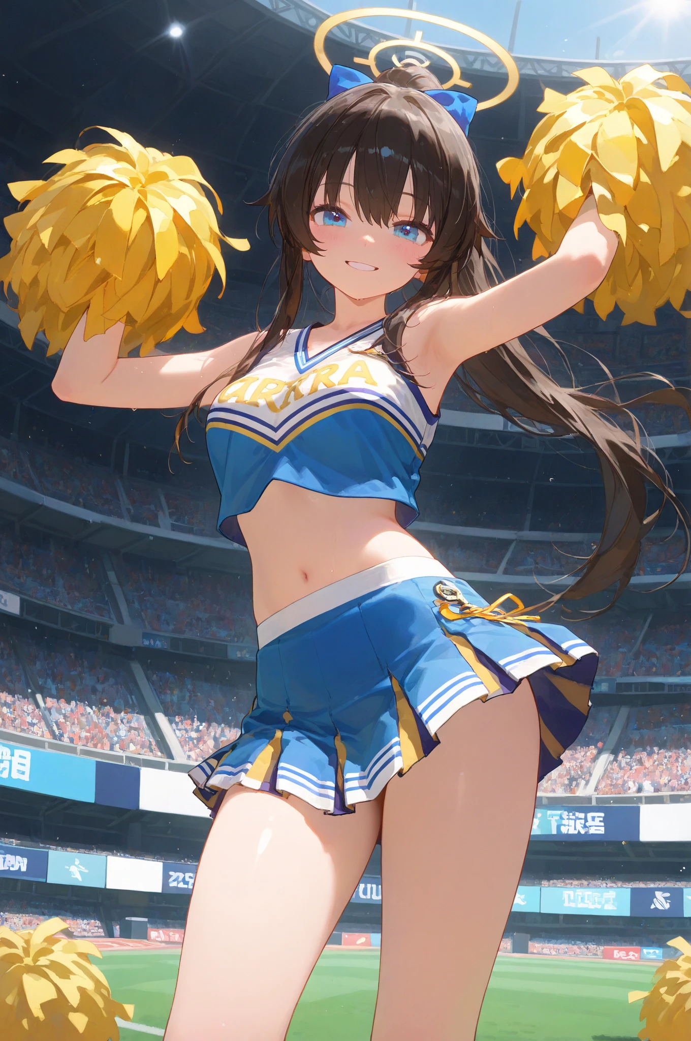 ((masutepiece、Highest quality、High resolution、nffsw、Perfect Pixel、4K、nffsw、nffsw)))、1 person、single、solo、Beauty、Full body view、Cheerleader、((Smooth texture:0.75、Realistic texture:0.65、Realistic:1.1、Anime CG Style))、(1 personのCheerleaderが屋外ステージに膝を着いて足を大きく広げている:2.0)、((Symmetrical eyes:2.0、Brown eyes、Slanted Eyes、Long eyelashes、Beautiful eyelashes、Realistic eyeake))、 ((Detailed face、blush:2.0、I hate it:1.5、Are crying:1.0、Screaming:1.0))、 (Big breasts and sexy figure:1.2)、 Brown Hair、Shoulder-length hair、((Cheerleader衣装、Wearing a bikini top.0、Wearing a normal length skirt.0))、((View from below the stage:1.5))、((There are a lot of photographers around taking pictures.:1.5))、Focus on panties:1.5、Her skirt is rolled up and her panties are exposed:1.0、(Panties are completely exposed:1.5)、(Wearing wide panties:1.3)、(Wearing cute panties:1.3)、Wearing sneakers、((Large crowd:1.5))、Sunny daytime
