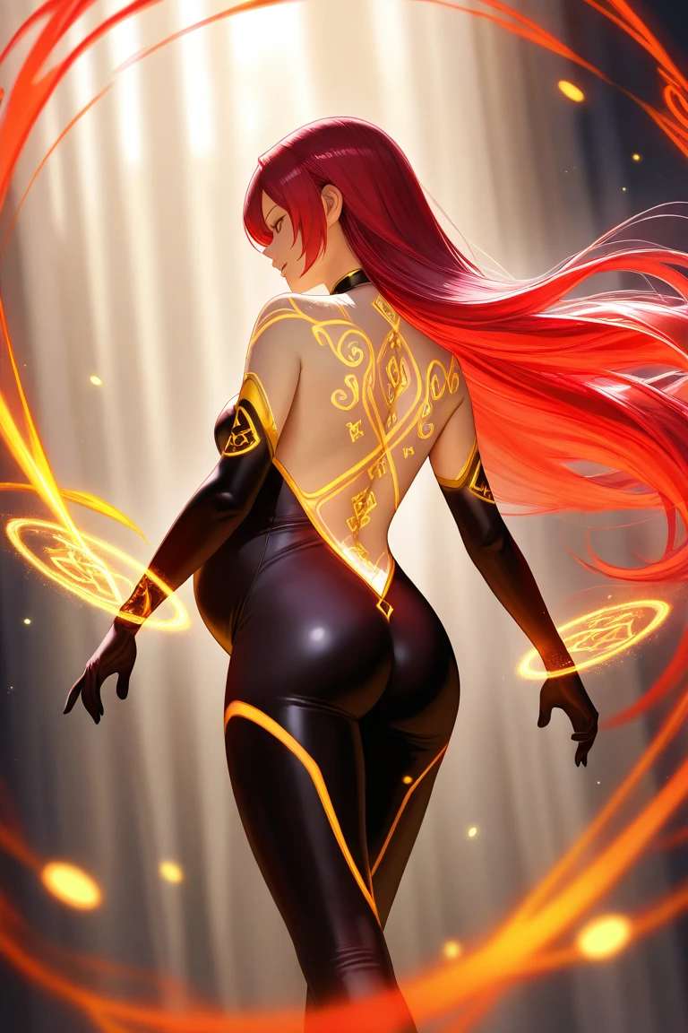 (Hemhem crown on head), Slim body semi-covered by Egyptian technological clothing based on the sphinx, Neon Genesis Evangelion style, cyberpunk, lots of gold jewelry and rubies, action pose, ((Best quality)), ((masterpiece)), (detailed: 1.4), (Absurd), (((super defined eyes)))), Powerful Egyptian woman ready for war, perfect body, dark tanned shiny skin, Shakira, (((back))), (((perfect ass)))), ((head adornment that falls in two straps over the shoulders and has the part  hanging over the nape of the neck tied in braid, called nemes with that of the sphinx)), defined body, bare thighs, closed mouth, only in panties, include hieroglyphics in the clothing, generous neckline, ((perfect medium breasts)), (brown eyes without pupils), (((long black eyelashes)), ((heavy eye makeup)), ((black stroke coming out of the corner of the eyes)), ((clothing in the colors red and black and white)),  ((Egyptian drawings on arms)), Egypt, Tutankhamun mask, Pharaoh, Bastet, Anubis, short underwear, garter belt, by mucha, niji --V5, close to real, psychopath, crazy face, sexy pose, inside a pyramid, 2 piece clothing, centered, scale to fit dimensions, HDR (High Dynamic Range),Ray Tracing,NVIDIA RTX,Super-Resolution,Unreal 5,Subsurface dispersion, PBR texture,  Post-processing, Anisotropic filtering, Depth of field, Maximum clarity and sharpness, Multilayer textures, Albedo and specular maps, Surface shading, Accurate simulation of light-material interaction, Perfect proportions, Octane Render, Two-tone lighting, Wide aperture, Low ISO, White balance, Rule of thirds, 8K RAW, crysisnanosuit