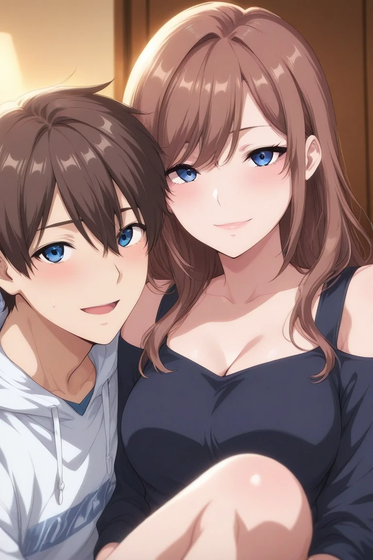 ((1 boy and 1 girl alone in a classroom)) Cute beautiful sexy 18 year old populer girl at school asking her crush out, cleaveage,18 year old handsome boy. Medium perfect perky, slim, boy with exited expression standing in front of her, boy looking At girl, girl with a seductive grin, boy touching girls bare chest with hands, girl has blue eyes and brown hair