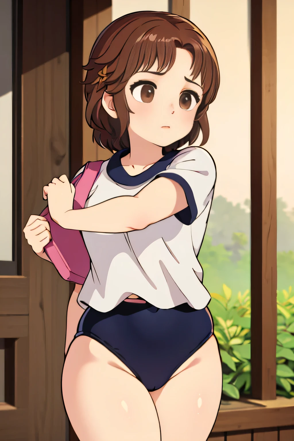 (masterpiece, highest quality), 1 girl, beautiful face, beautiful body, wearing a Black gymnastics bloomers, High leg、white blouse, cowboy shot、Are standing、full body portrait、alone, complex details, enlarged textures, complex details, finely detailed eyes and detailed face, intricate details, (closed mouth), perfect eyes, equal eyes, perfect body, extremely detailed, (), extremely realistic 3d,In a dark forest、cap,long violate hair,Grass