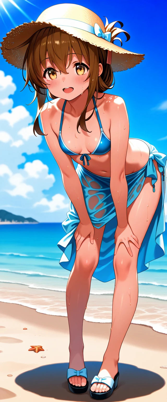 (masterpiece, best quality:1.2), (solo), Android 18 from Dragon Ball, 20s, ((string bikini, navy bikini)), sitting, medium breasts, blunt bangs, short black hair, (black eyes), earrings on earlobes, slender feminine figure, skinny body, blush, sky, magnificent view, blur background, 4K, open mouth, beach, side-tie bikini bottom, smile, Sandy Beach, highleg bikini, barefoot, facing viewer, knees up, beautiful butt, (front view,) (hugging own legs), (crossed arms), side boob, cleavage, front side, (panties aside), love juice,