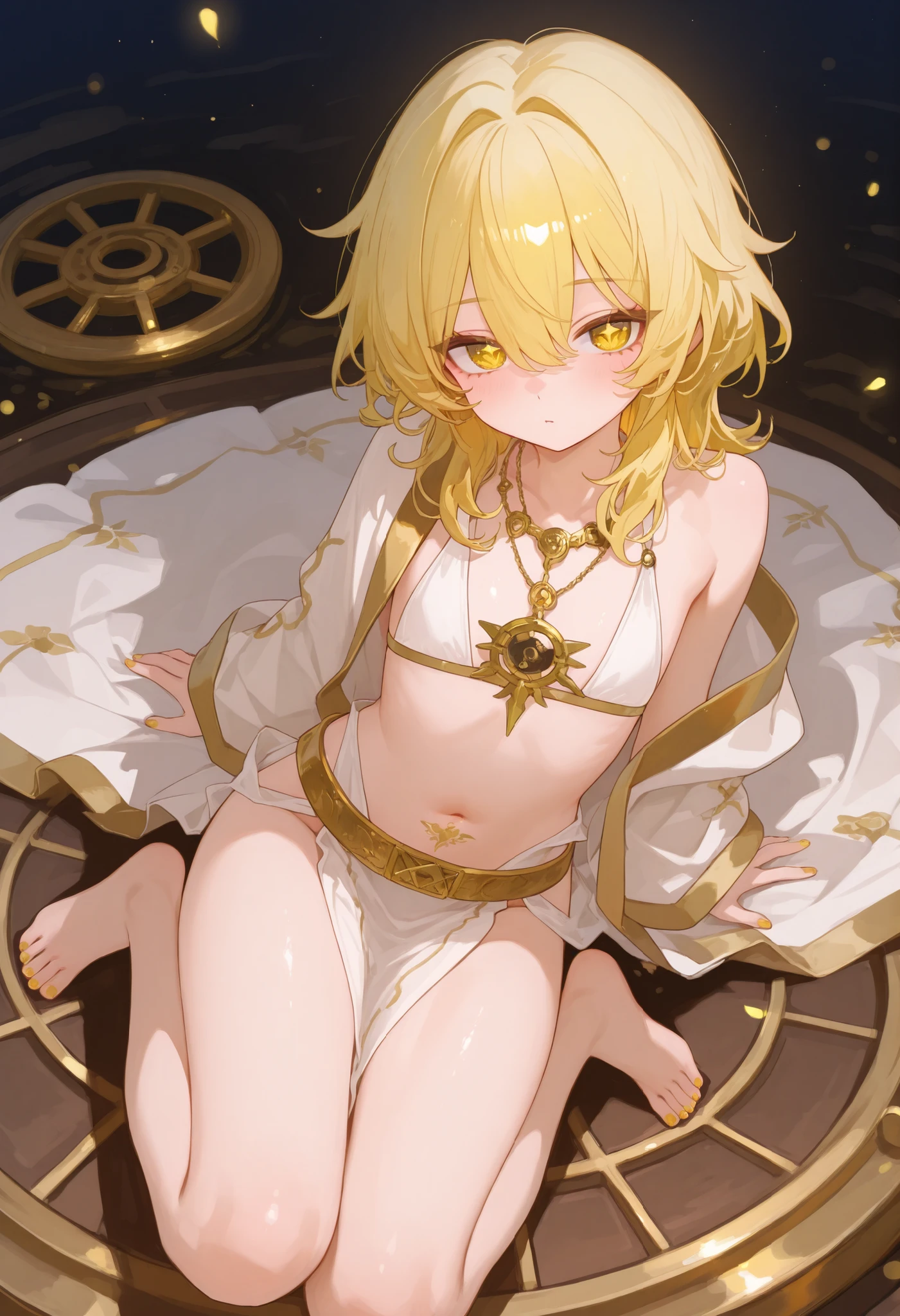 femboy outfit is made up of small gold chains on the front that are held around the shoulders and go down from the belly to the pelvic girdle, Where has a large thong on front down to the knee or smaller and is also wearing a transparent mouth vei