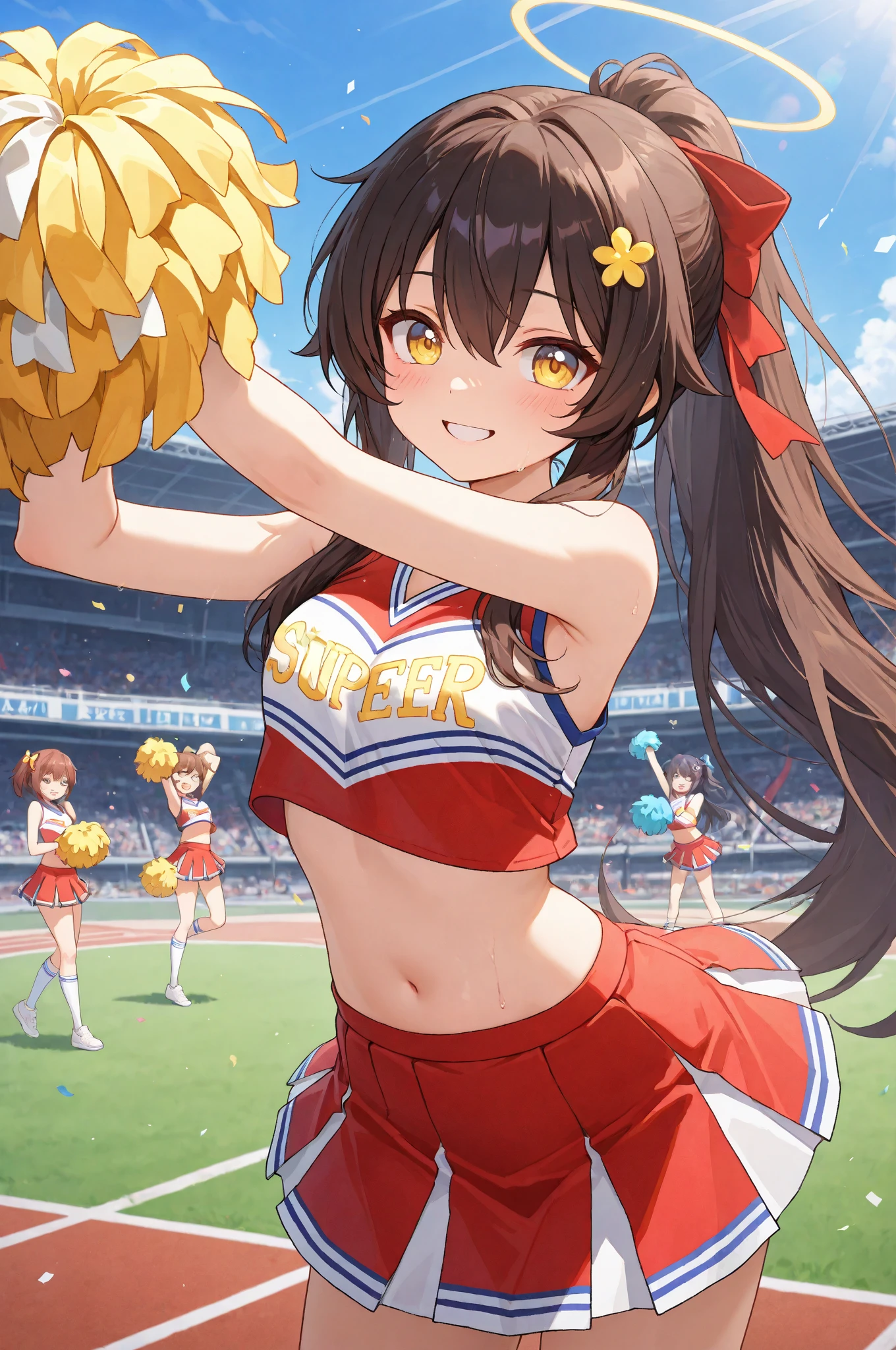 ((1girl:1.3)), ((moe style:1.3)), ((cheerleader:1.3)), ((jumping:1.3)), ((large breasts:1.3)), ((centerfold:1.3)), ((extremely feminine:1.3)), perfect hands, ((perfect face)), ((extremely cute:1.3)), ((masterpiece)), ((8k)), ((best quality)), ((beautiful)), ((extremely detailed:1.3)) , ((absurdres)), AddXL, ((score_9:1.3)), ((score_8_up:1.3)), ((score_7_up:1.3)),