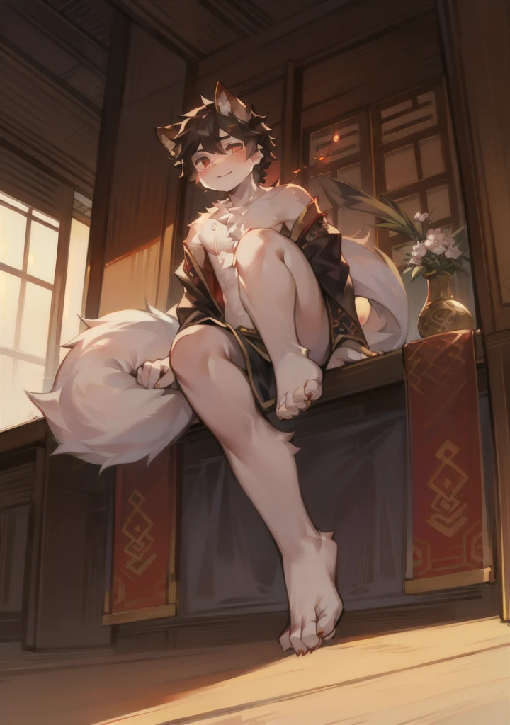 (masterpiece, top quality, best quality, official art:1.2), extreme detailed, 1girl, mizuki yukikaze, hair ribbon, nude, one-piece tan, elbow gloves, fur trim, fingerless gloves, thigh boots, small breasts, small girl, smile, full body, indoors, bedroom