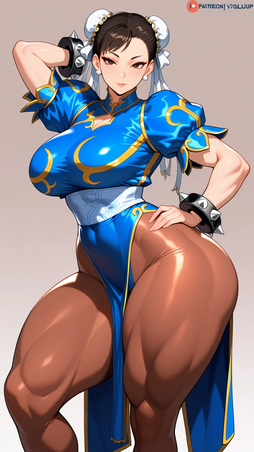  Big Breasts, Chunli, Street Fighter, Beautiful thick thighs, Sexy thighs, , Looking Ahead, Beautiful dark eyes, Fine grain, Nice face, Brown tights, White boots, victory pose, Beautiful smile 
