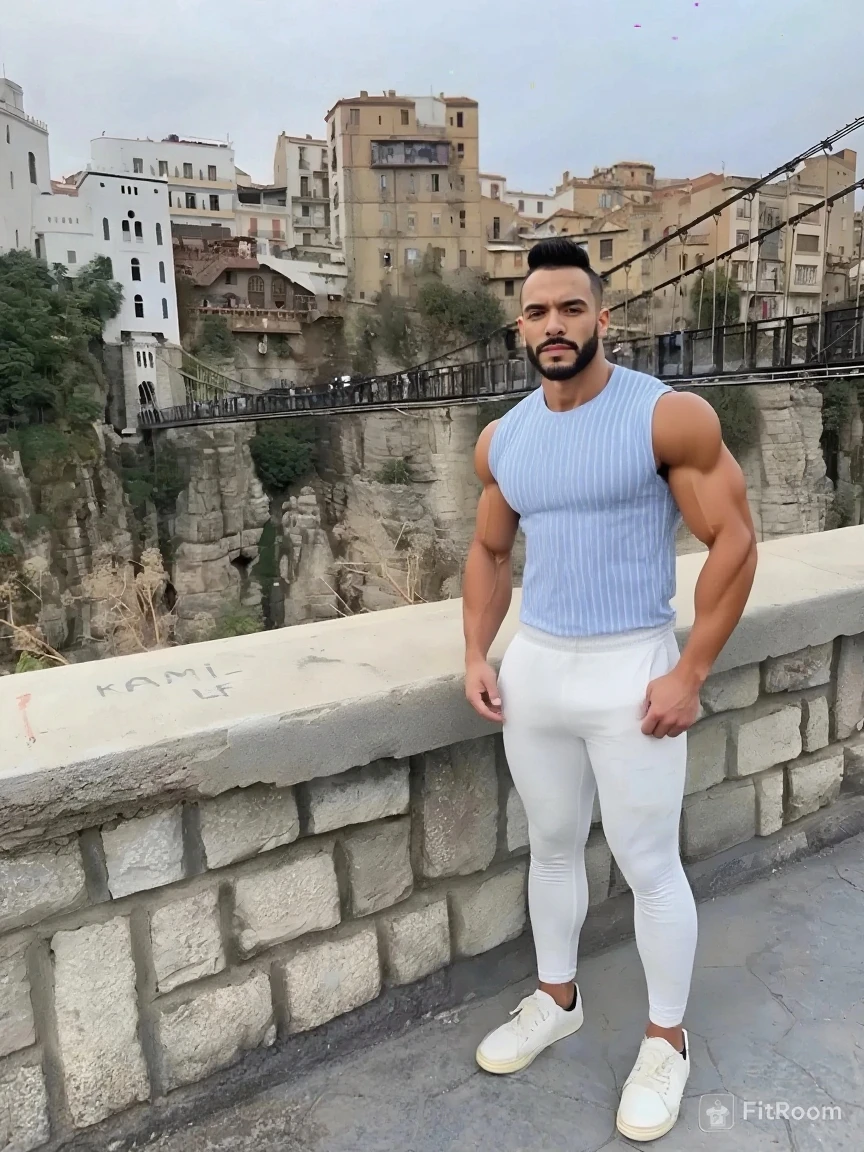 handsome sexy man, from the back, big booty, skinny, he about 35 years old, bubble butt, blue sweatpants, white muscle shirt, scenic mountain landscape