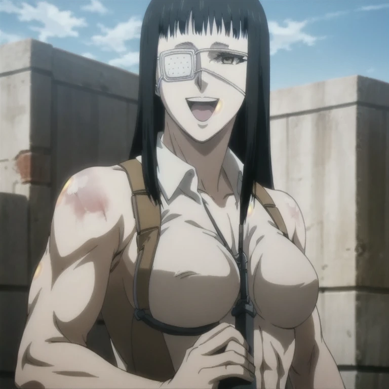 (best quality,ultra-detailed,realistic:1.37), , muscular girl with sculpted body wearing a nothing complete naked , beautiful tattoo on girl's shoulder, full review of the female character's face and body, intense expression, strong and confident posture, studio lighting, vivid colors, physiologically-based rendering, grungy texture, rugged background, dust particles in the air, commanding presence, professional, powerful, gritty aesthetics,,Valmet with her muscles body,short hair,eye patch,breast middle size،A valmet with Group sex