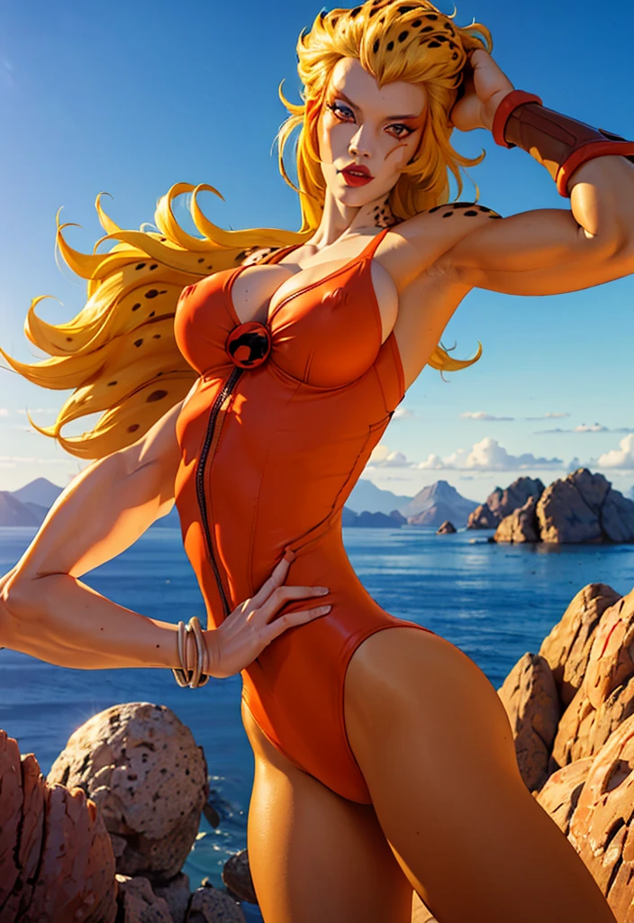 1 girl, bare shoulders, wearing a yellow tiger bikini, metal sandals, Strong body, red tattoo under the stomach, belly button, freeze, green eye, elf, pointy ears, From the feet to the head