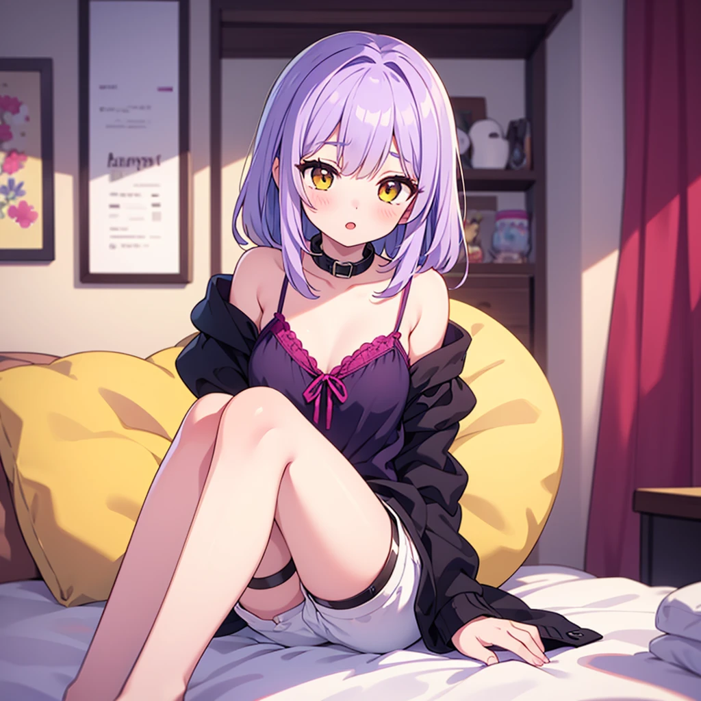 (8K、Top image quality、top-quality、masterpiece)、A detailed face、1 girl in、Light purple hair、short-hair、Purple eyes、piercings、((Brown skin))、((skin tanned))、evil smile、((white shirt))、a necklace、((Removed button))、cleavage、Black miniskirt、sit on a bed、((open legs))、((light purple panties:))、((zebra pattern))、Taken from below、bedroom background
