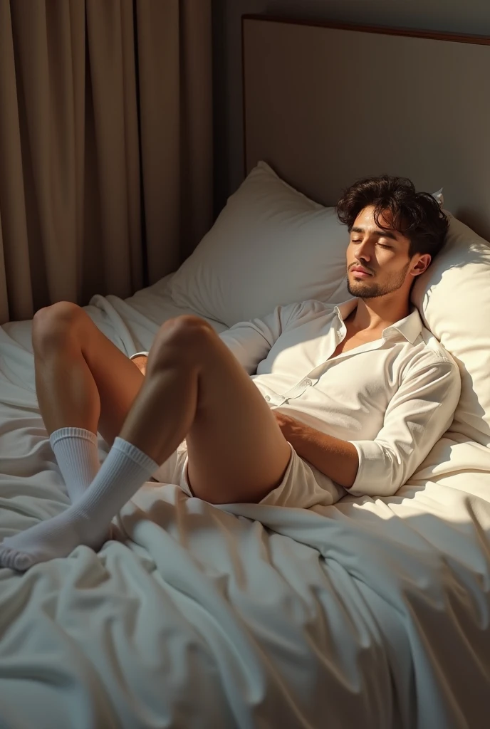 After exercise, Abs handsome guy lying on the bed socks and mix and match watching the audience real 4K light and shadow only transparent pants sweaty black hair blue eyes white socks sexy man normal body love physiological reaction strong