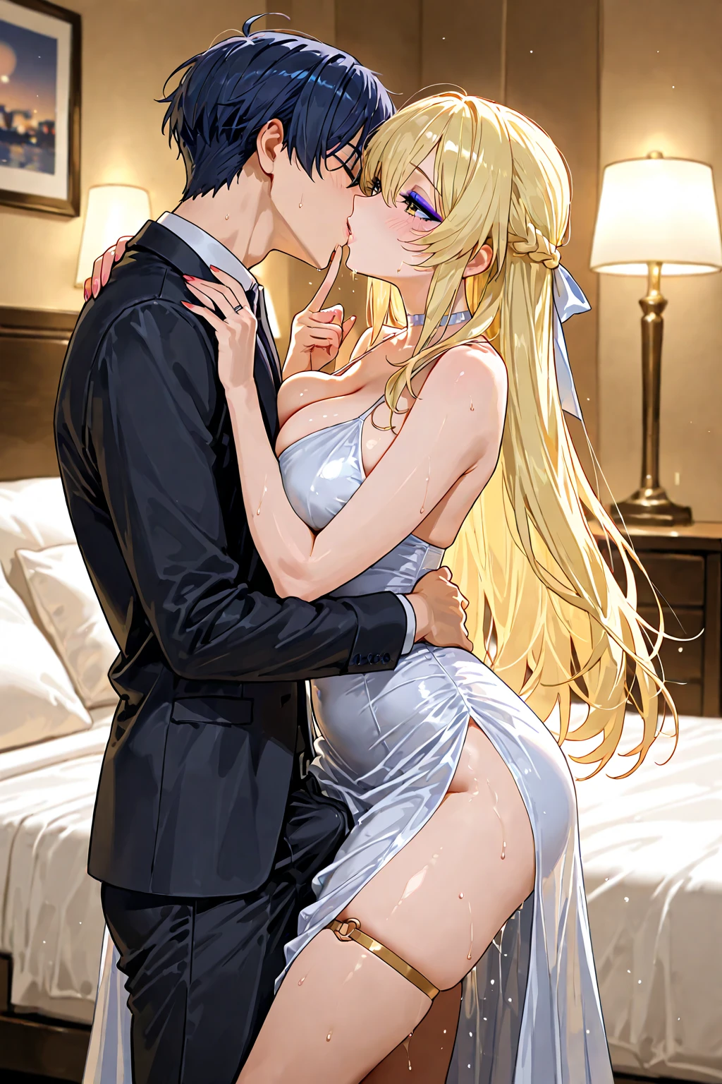 tall man with yellow eyes, person with blonde hair and yellow eyes、it has a piercing gaze, his eyes glowing yellow, a handsome man, Beautiful shape、Blonde shorthair、Long bodymodeled、Best style、full bodyesbian、（Enrich your images、Supreme level of quality）美Right8K CGアートワーク、Goddess-like posture、Kneeling exercise、Slim and soft、Translucent skin、Pink hair、Extra longhair beauty、Super long straight hair，the skin is fair and juicy,，Big Lingerie，Perspectives Part 1.2x Enhanced silhouette effect，Exquisite transparent blues pattern on pajamas，細部は複雑でExquisite，Attractive and greedy legs spread、Perfect body slim curve、Hugging、kissing together cutely, Happy!!!, Couple Pose, accurate depiction、blonde haired man with golden eyes、woman with pink hair and pink eyes、best qualtiy,hight resolution,ultra - detailed,(vividness, something lively, Colorful:1.1) Open your lips, (Elegant, gracefulness) Hairstyles, (美Right, zora々Right) appearance, (posh, Exquisite) fittings, (glinting, Twinkle) （big shiny eyes）, (Radiant, blazing) (Gorgeous) natural, (mistic, mistic) About the floor plan, (flawless perfection, Perfect pubis) (Unique, Distinct) Artwork, (tmasterpiece:1.2), (18year old) a girl alone (服は美Rightです, Exquisite Floral Lace Embroidered Evening Gown).Tall anime guy with yellow eyes, person with blonde hair and yellow eyes、it has a piercing gaze, his eyes glowing yellow, a handsome man, Beautiful shape、Long body、modeled、Best style、full bodyesbian、
