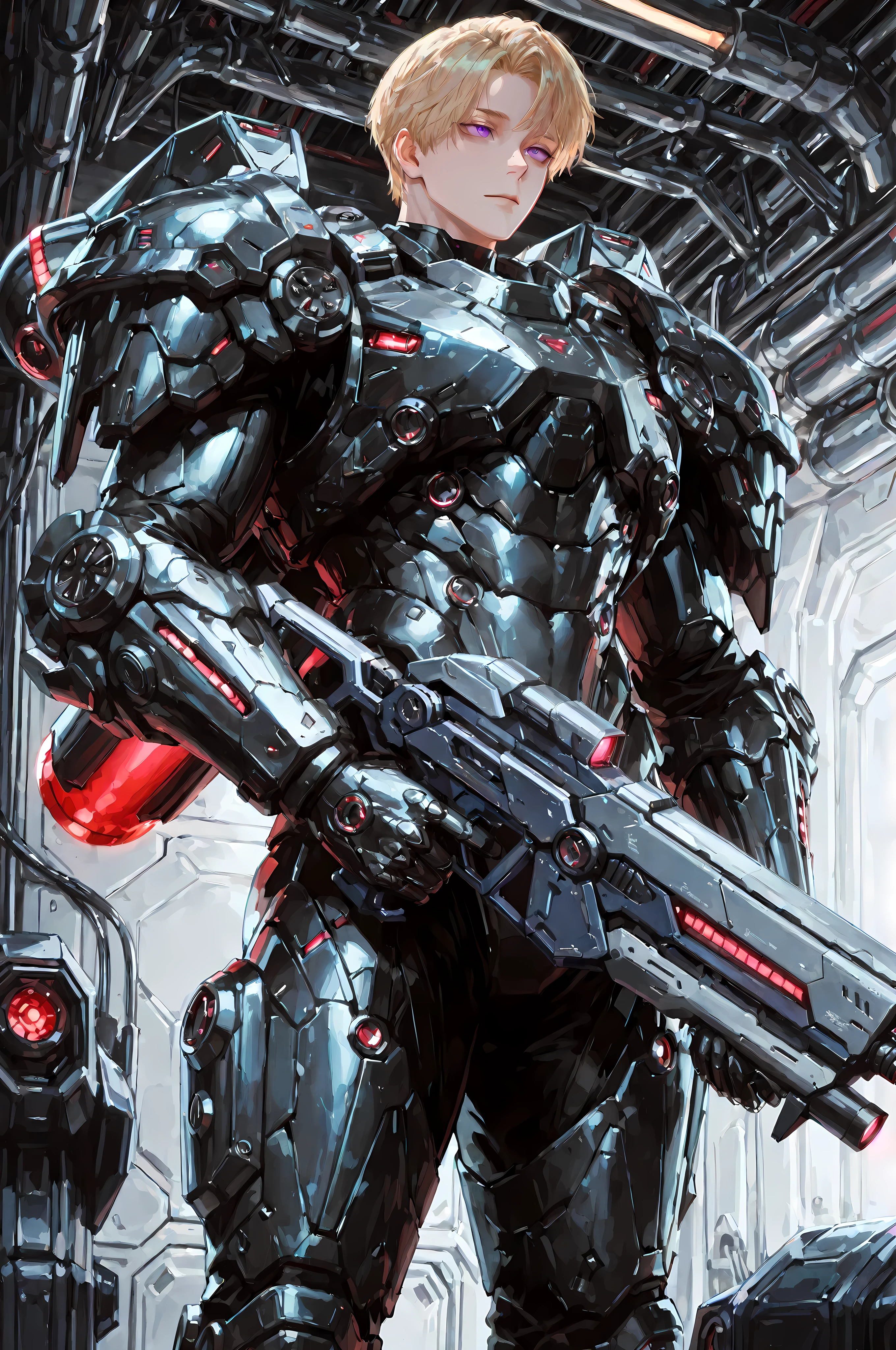 8k, beautiful masterpiece, looking ahead, alone, pale skin, Perfect Eyes shape, Athletic Build, ((He wears: black with red and silver accents = high-tech bulky heavy power body armor; high-tech gauntlets and pauldrons; high-tech jetpack)), (((background is high-tech engine room, is emotionless and somber while holding 1 plasma rifle))), mature man, 1 man, male-centered, muscular man, handsome man, handsome, short hair, blonde hair, Thick painted, purple eyes, Perfect Eyes, masterpiece, top quality, amazing quality, exquisite details, very detailed, semi-realism art, semi-realism art style