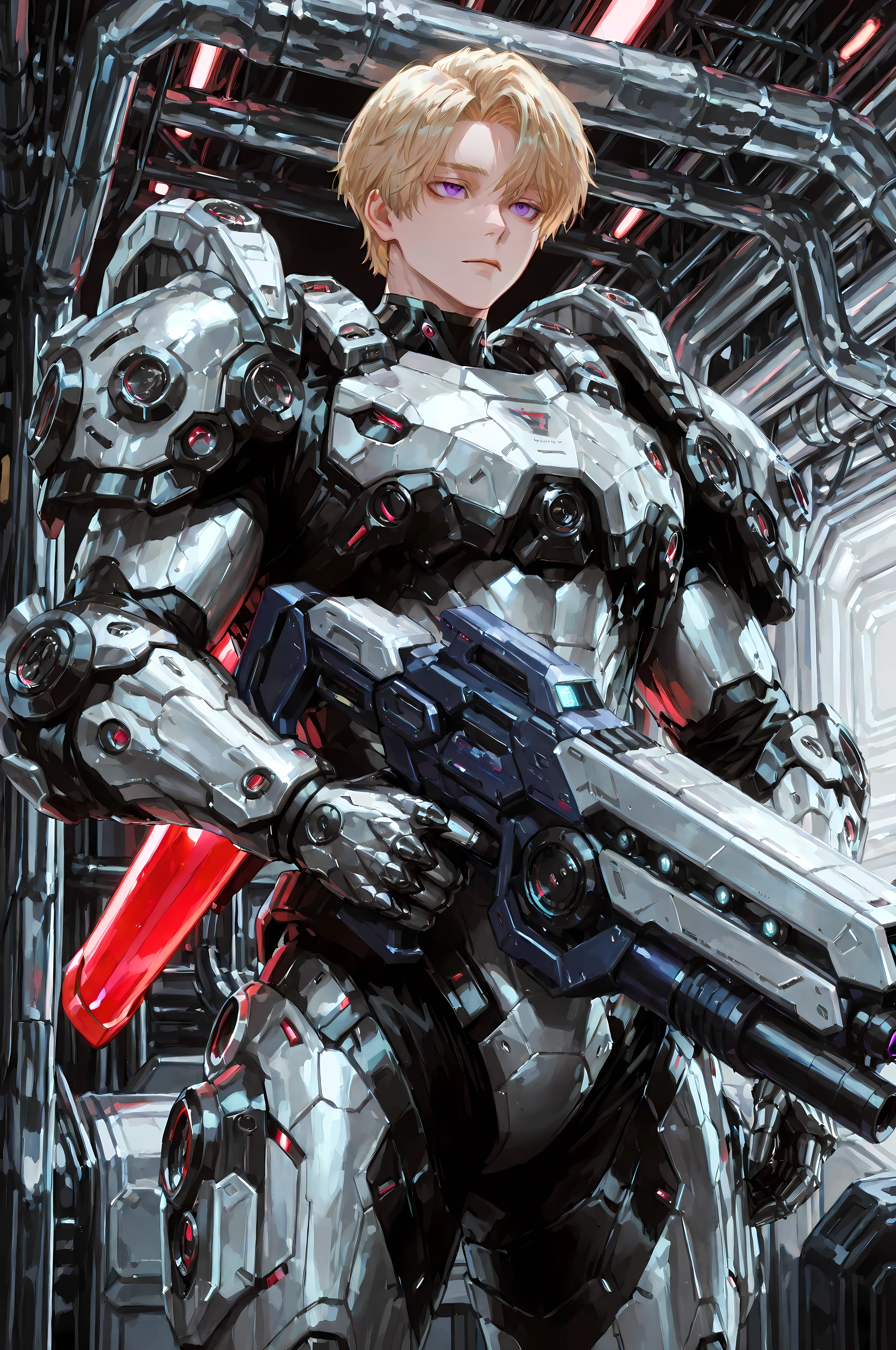 8k, beautiful masterpiece, looking ahead, alone, pale skin, Perfect Eyes shape, Athletic Build, ((He wears: black with red and silver accents = high-tech bulky heavy power body armor; high-tech gauntlets and pauldrons; high-tech jetpack)), (((background is high-tech engine room, is emotionless and somber while holding 1 plasma rifle))), mature man, 1 man, male-centered, muscular man, handsome man, handsome, short hair, blonde hair, Thick painted, purple eyes, Perfect Eyes, masterpiece, top quality, amazing quality, exquisite details, very detailed, semi-realism art, semi-realism art style