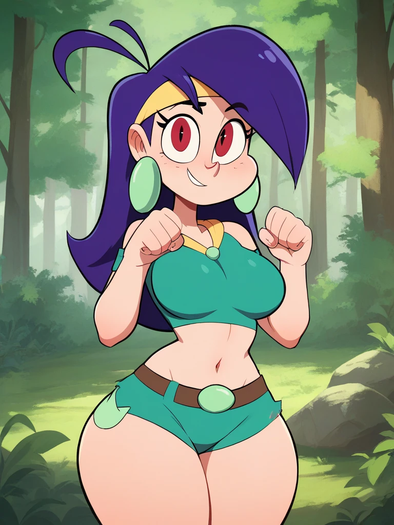 1girl, mighty magiswords, vambre warrior, long violet hair, maroon eyes, dark turquoise leotard, short black sleeves, gloves, boots trimmed black, yellow cape, sitting, cameltoe, no nswf